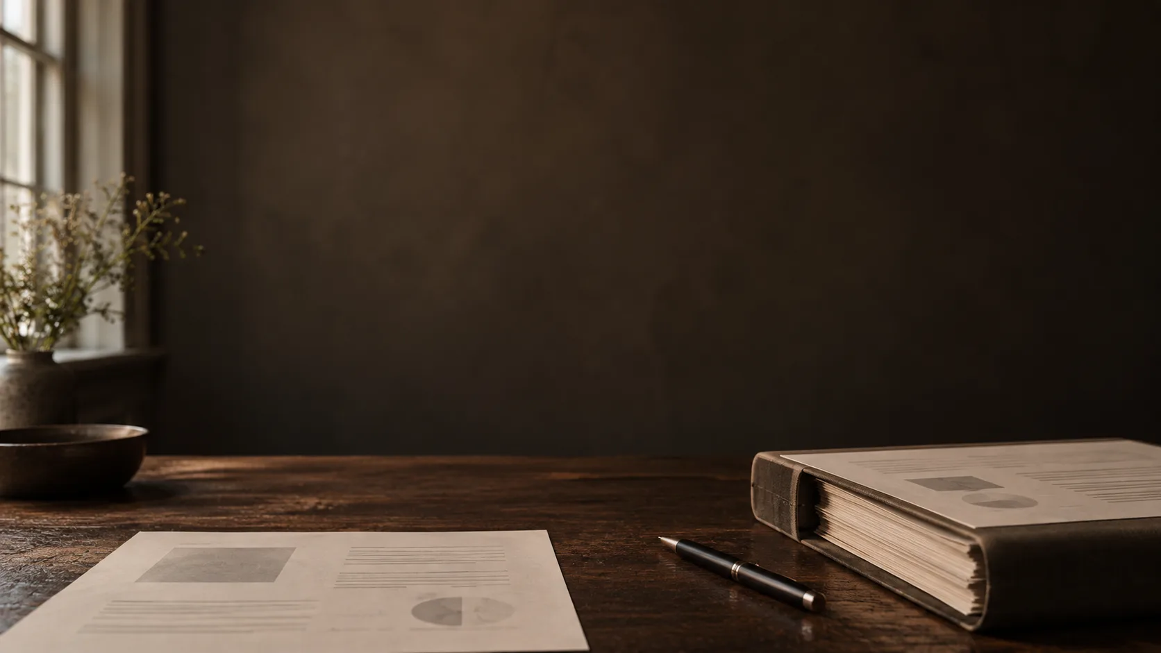 A single printed page beside a thick bound folder on a wooden desk, with a pen between them.