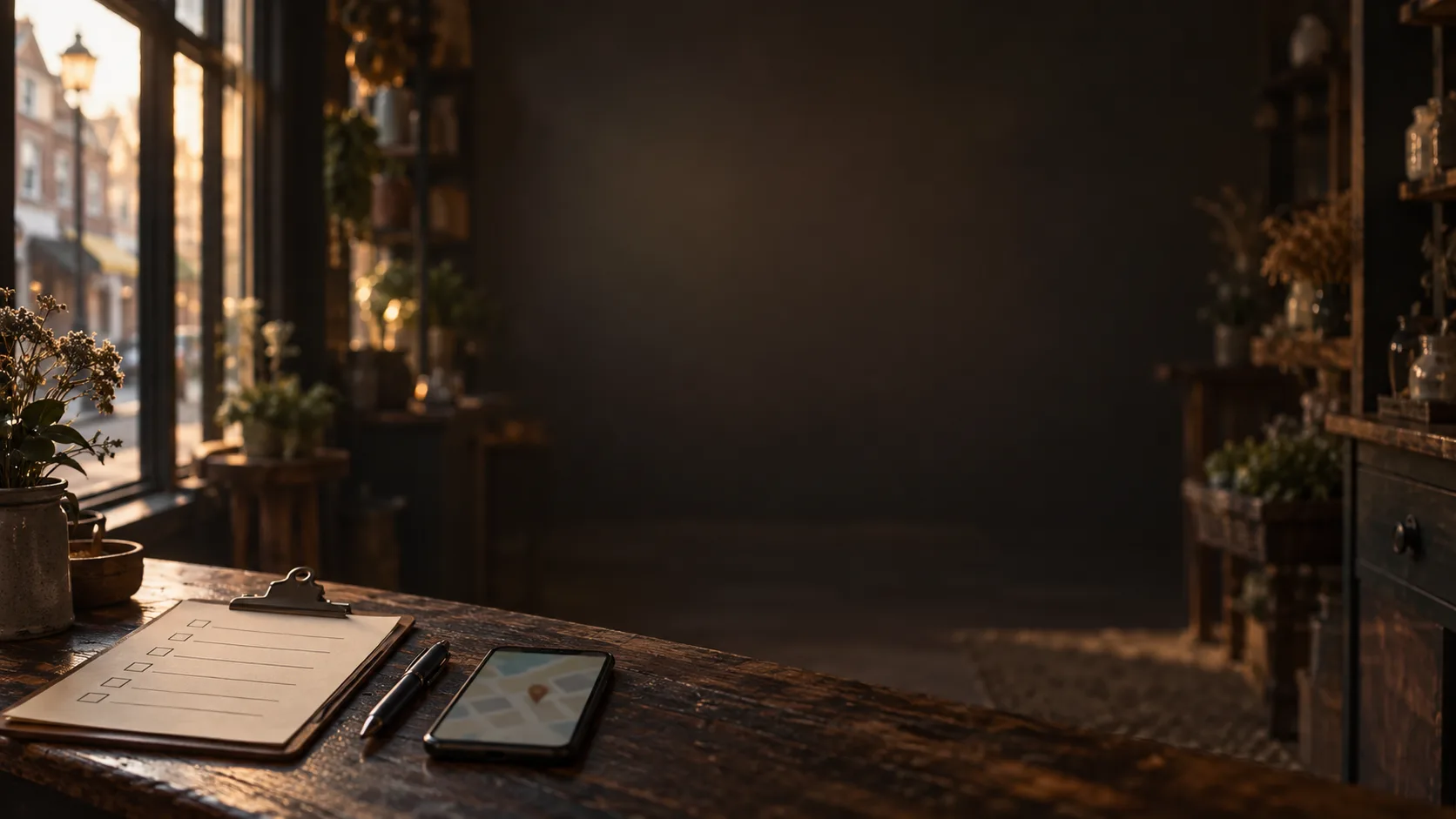 A clipboard checklist, a pen and a phone with a map pin on a dark shop counter, lit from the window.