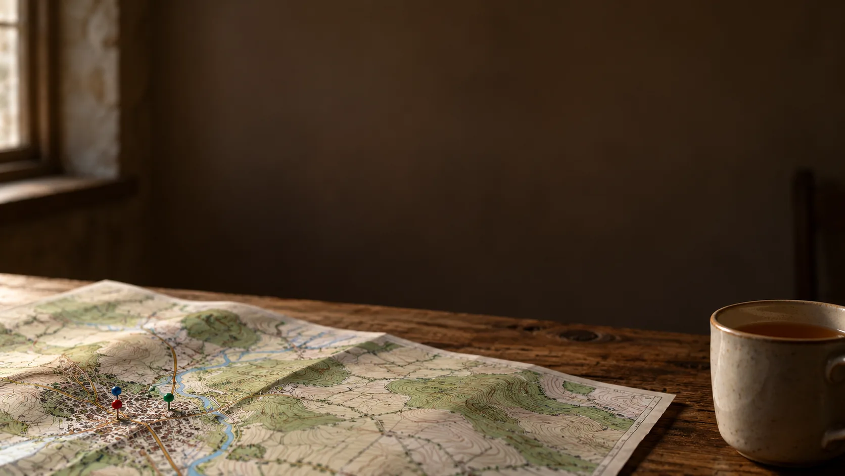 A paper map of a local area with coloured pins spread across a table, and a mug of tea at the edge.