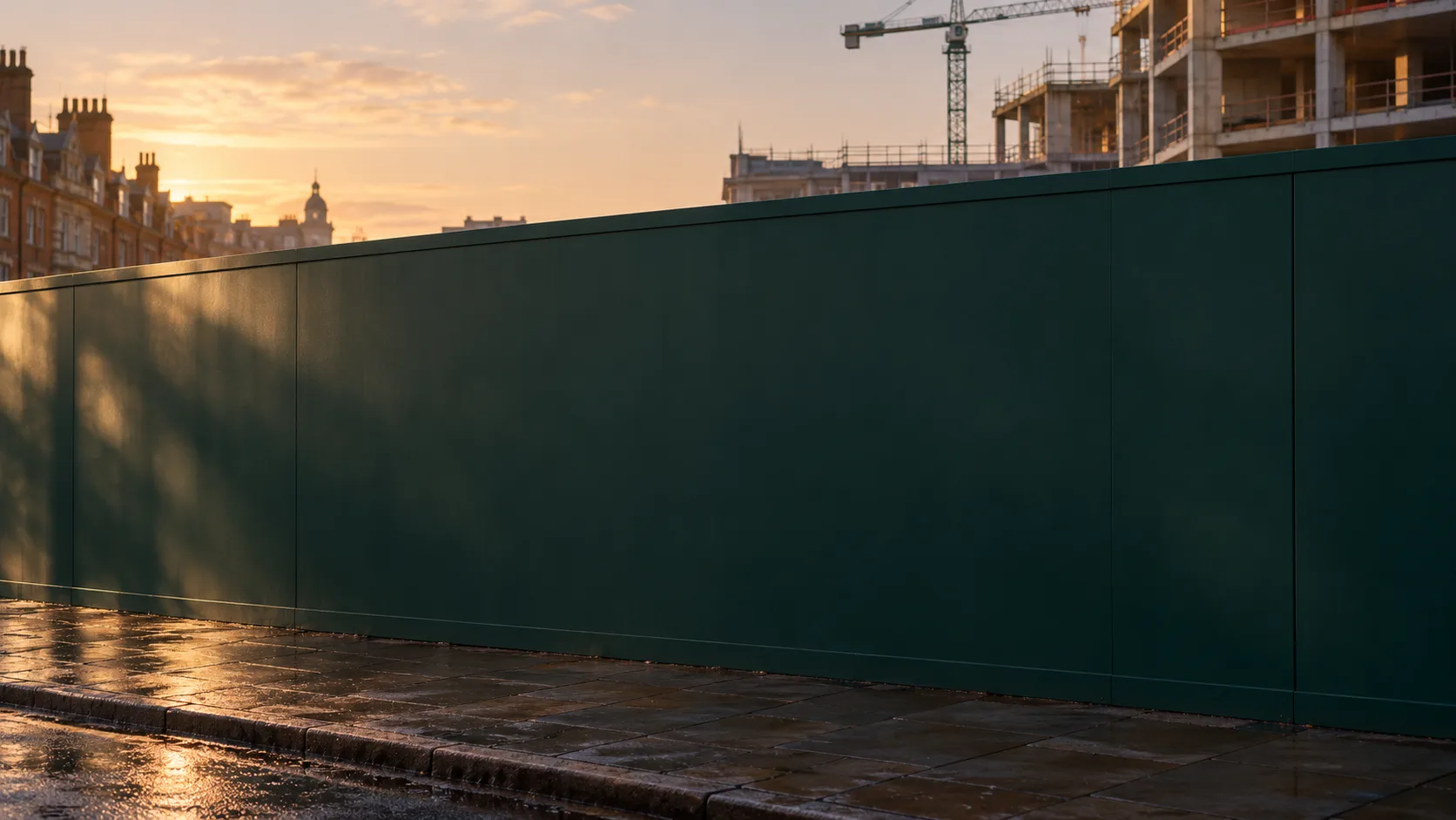 A long plain green site hoarding on a wet pavement, with a crane and a concrete frame above it at dawn.