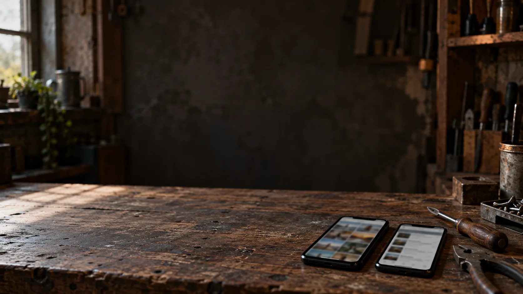 Two phones side by side on a workshop bench, both showing blurred photo thumbnails, with hand tools and a toolbox behind them.
