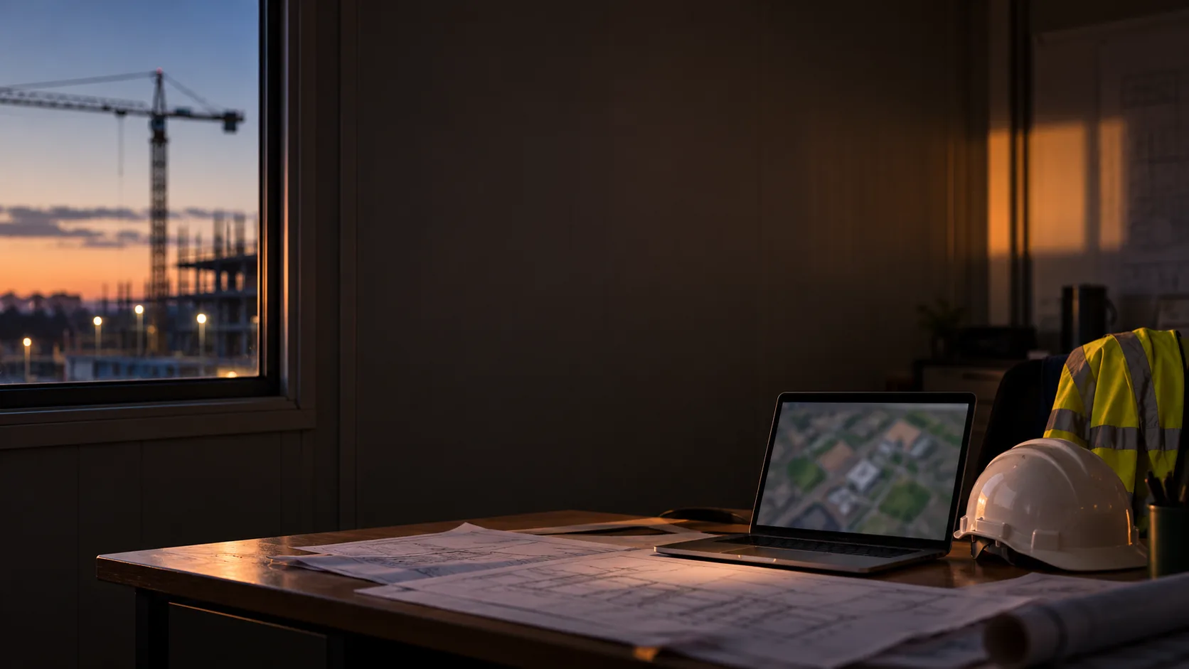 A dim site cabin with a laptop, drawings and a hard hat on the desk, and a crane against a sunset through the window.