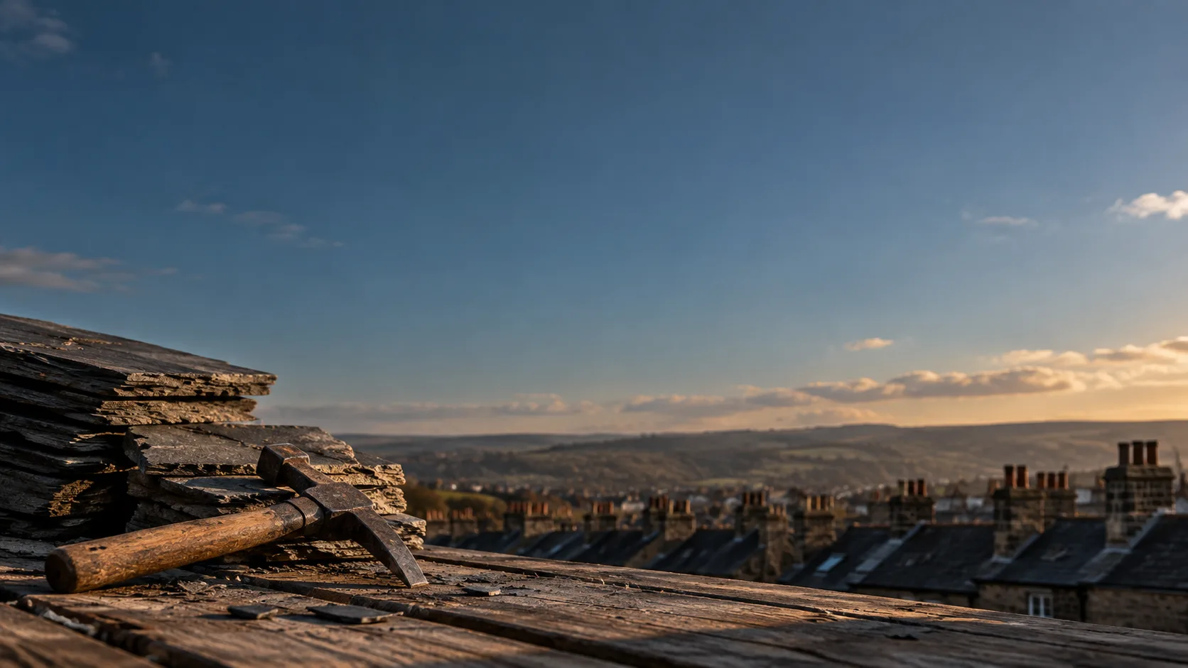 Slate tiles and a roofer's hammer on scaffolding boards above a row of terraced rooftops under a blue evening sky.