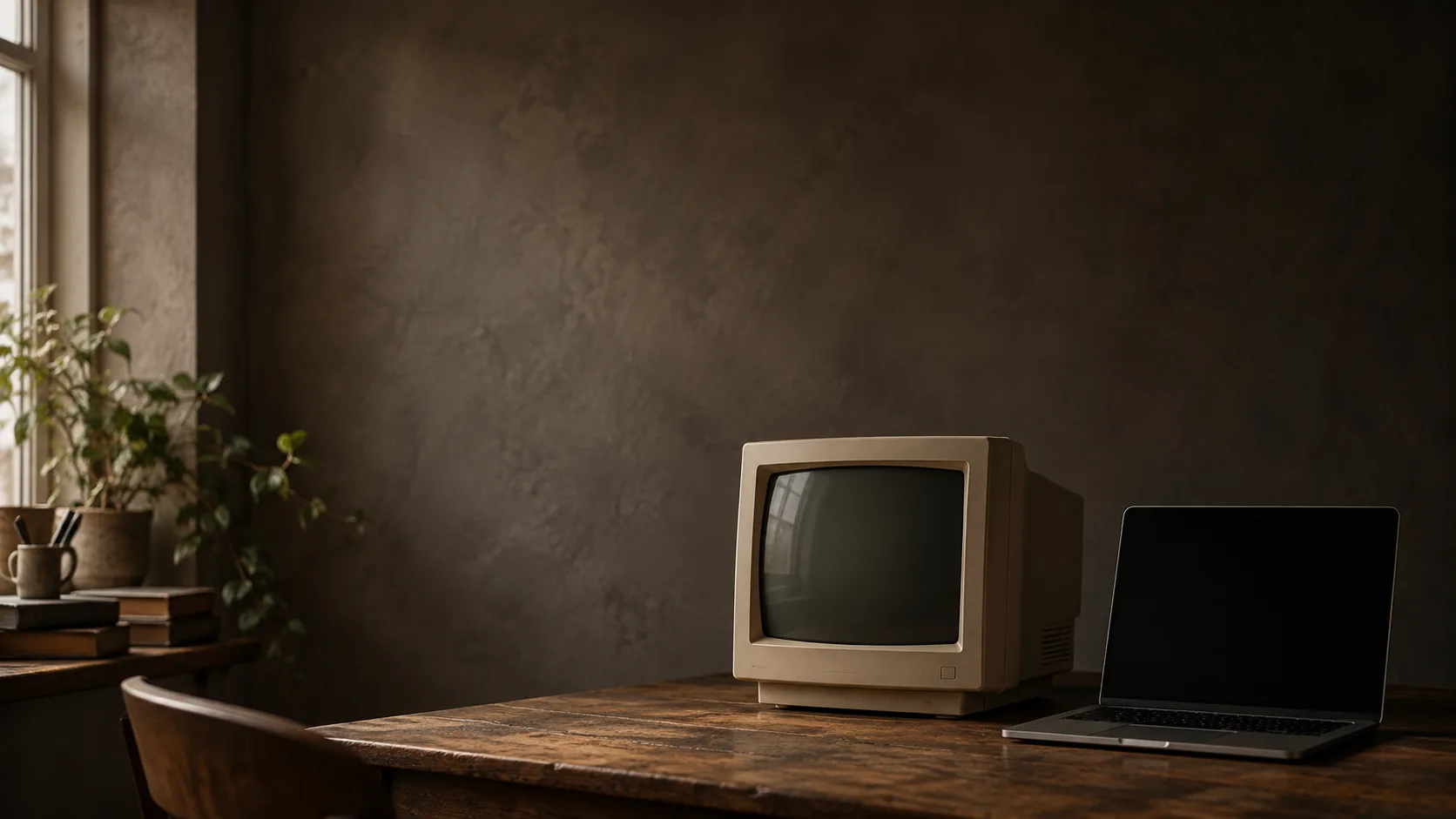 An old beige computer monitor beside a modern slim laptop on a desk, in soft window light.