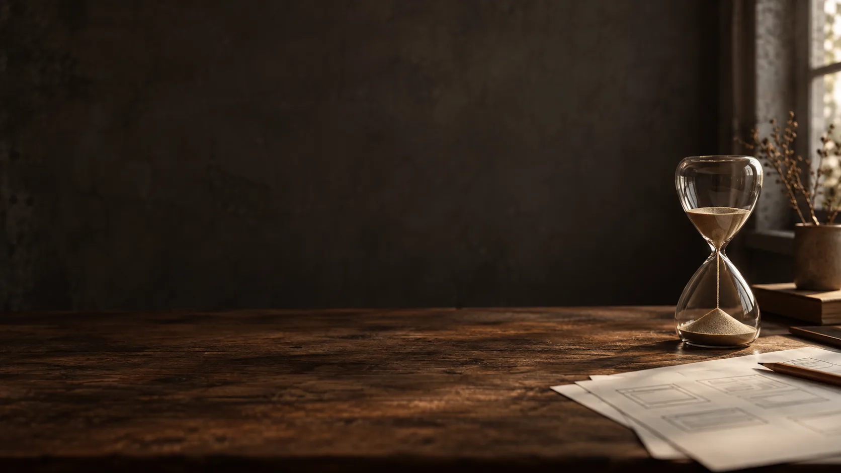 An hourglass with running sand on a dark wooden desk beside papers and a closed laptop.