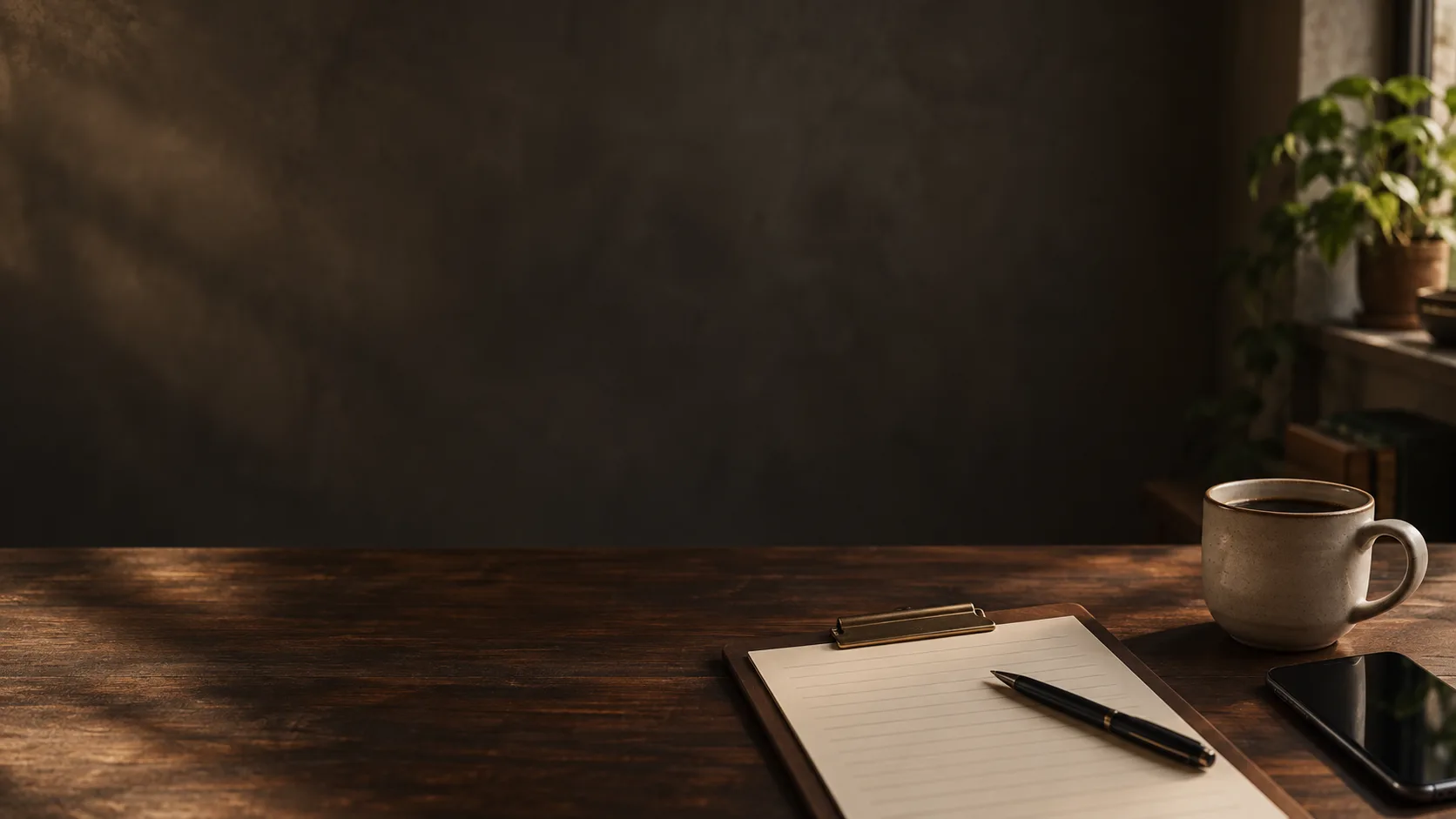A clipboard with a blank brief form and a pen on a desk, with a cup of coffee and a phone beside it.