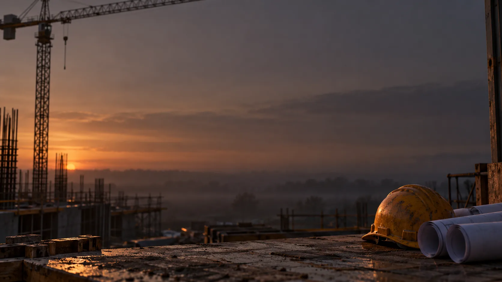 A construction site at dawn with a tower crane and steelwork, and a hard hat and rolled drawings in the foreground.