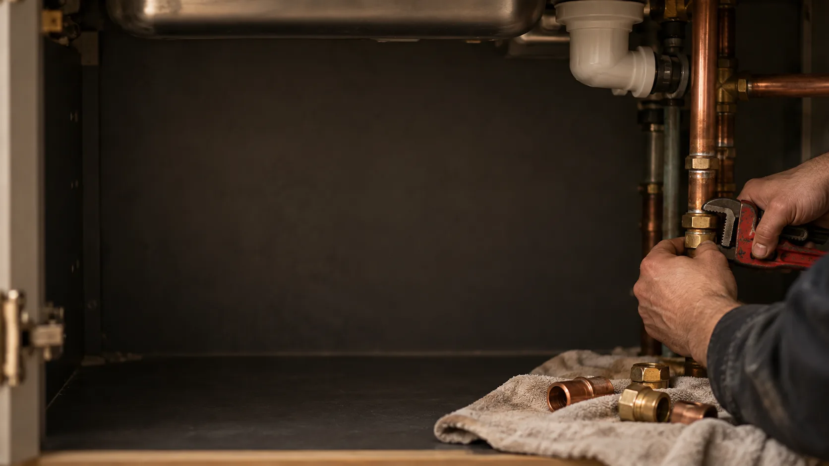 Hands tightening copper pipework under a sink with a wrench, fittings laid out on a towel below.