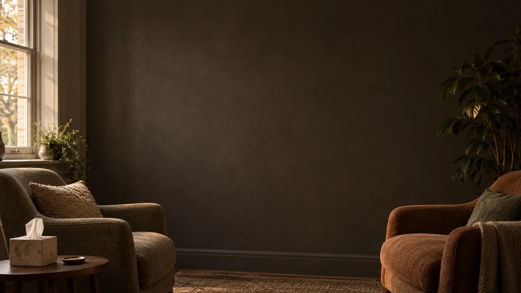 A quiet therapy room with two armchairs facing each other, a box of tissues and soft afternoon light.