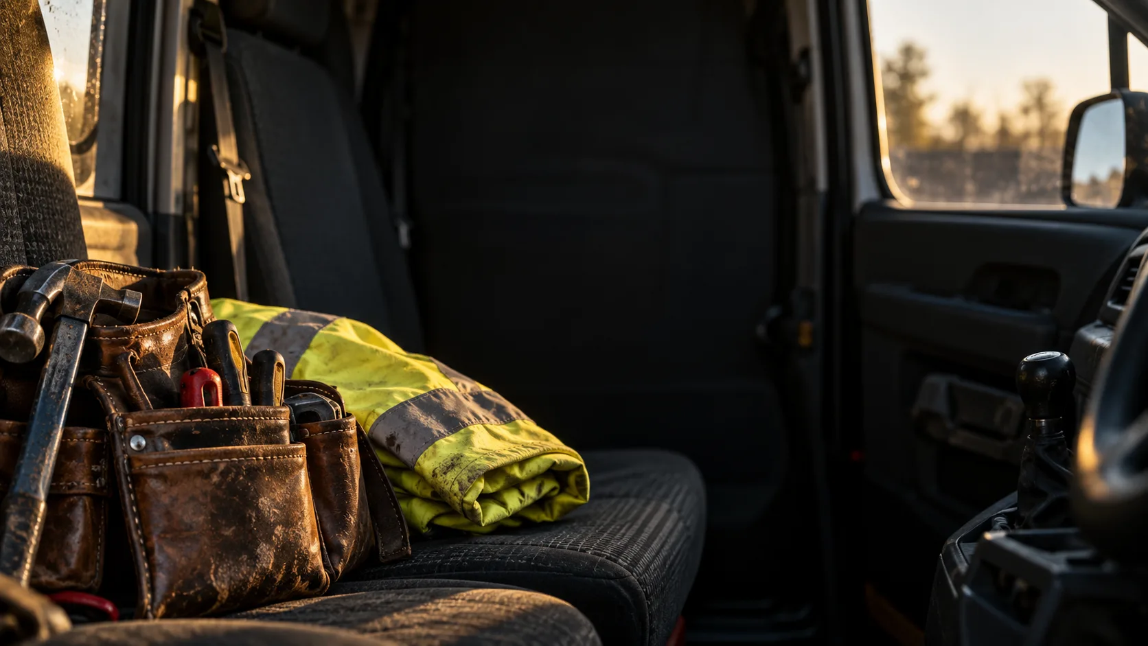 A tool belt and a folded hi-vis jacket on the passenger seat of a van, lit through the open door.