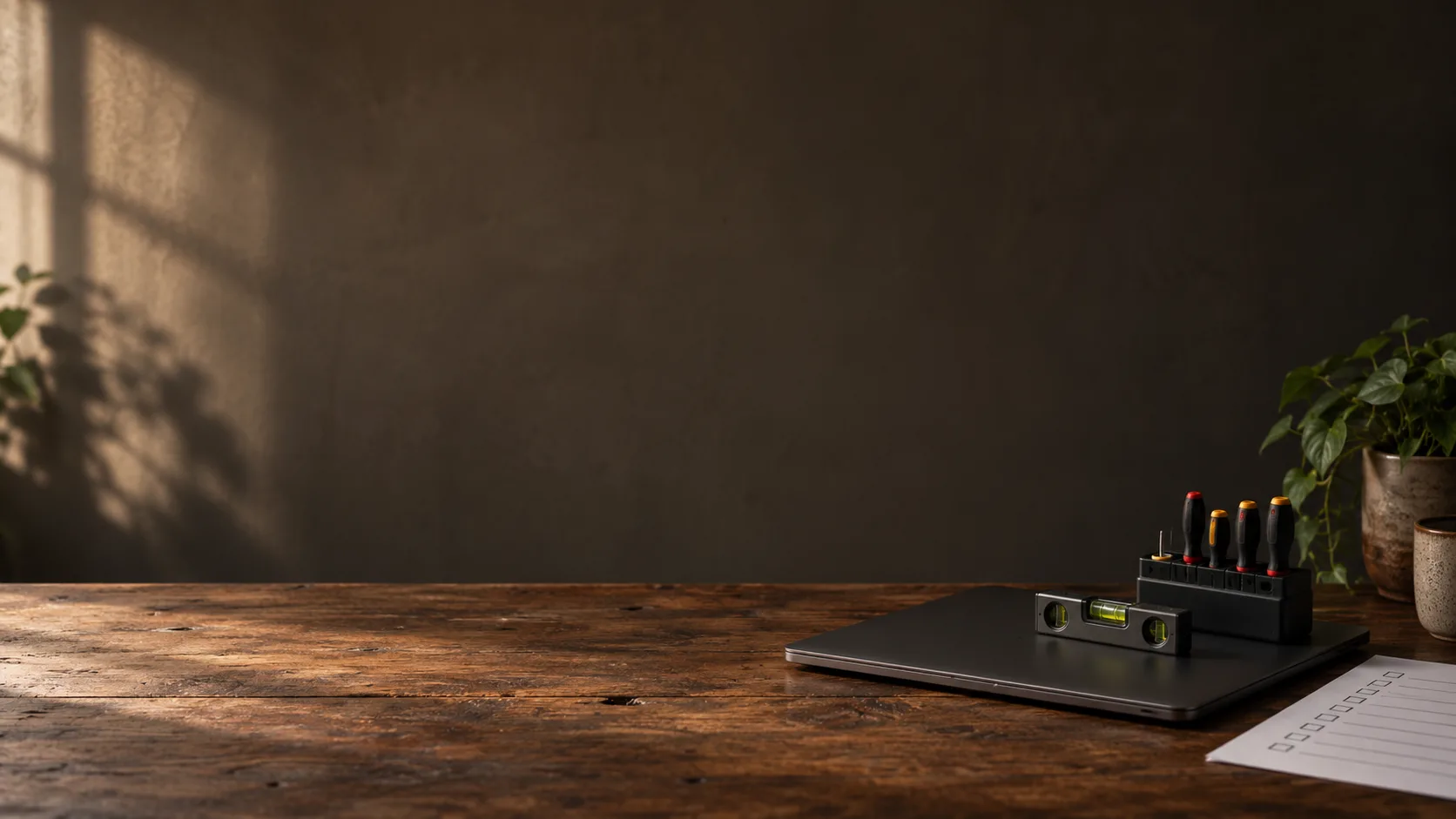 A small screwdriver set and a spirit level on a closed laptop, beside a printed checklist on a wooden desk.