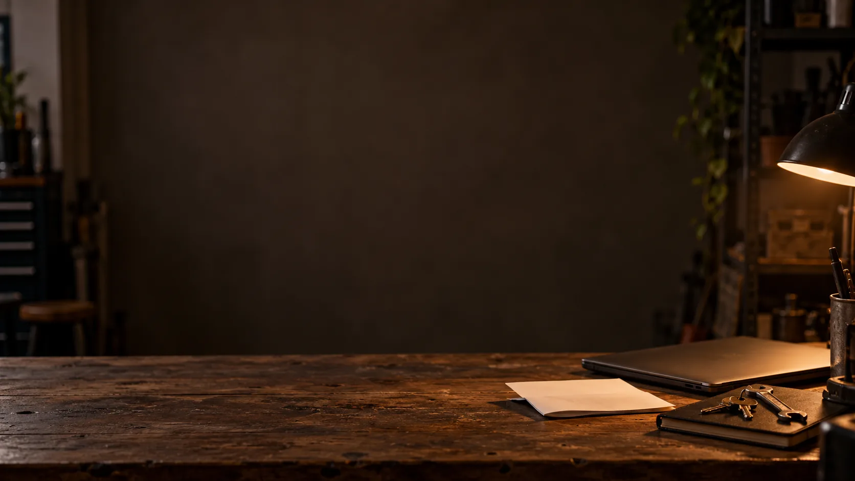 A folded sheet of paper, a set of keys and a small spanner beside a closed laptop on a wooden desk under a lamp.