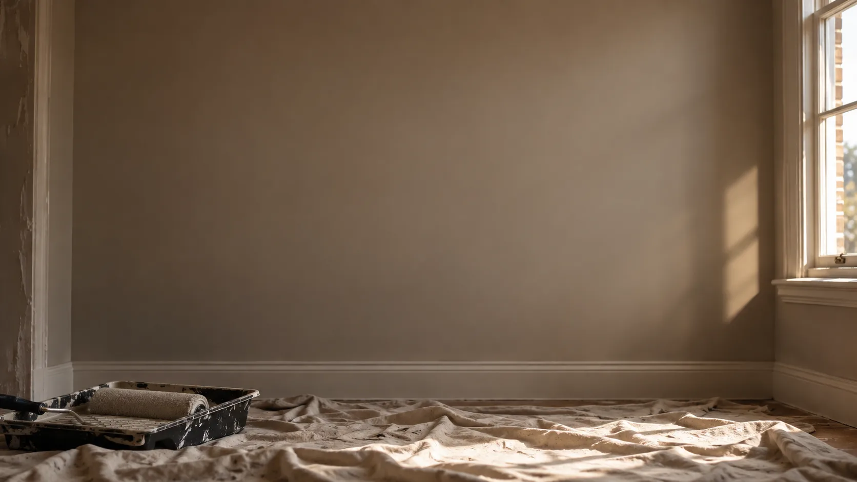 A room mid-decoration with dust sheets on the floor, a paint tray and roller, and one freshly painted wall.