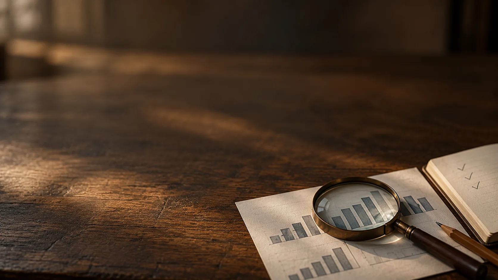 A magnifying glass resting on printed bar charts and an open notebook on a dark wooden desk.