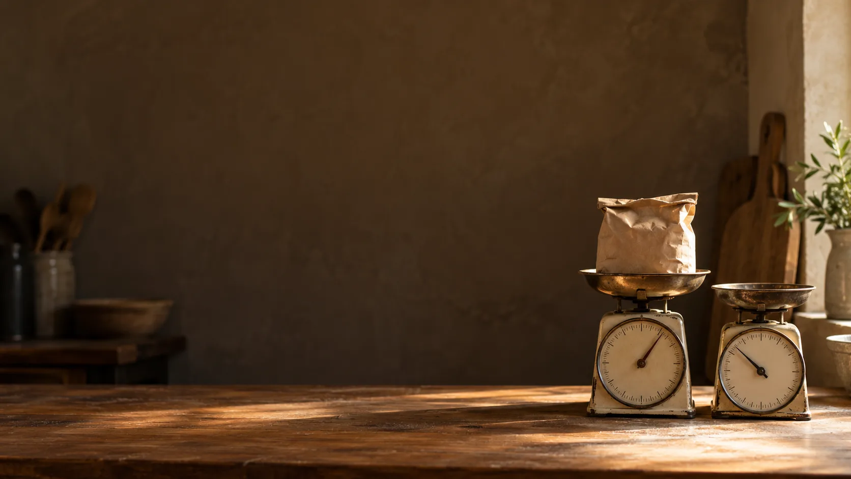 Two old dial kitchen scales side by side on a wooden counter, a paper bag of flour on the left one and the right one empty, their needles at different readings.