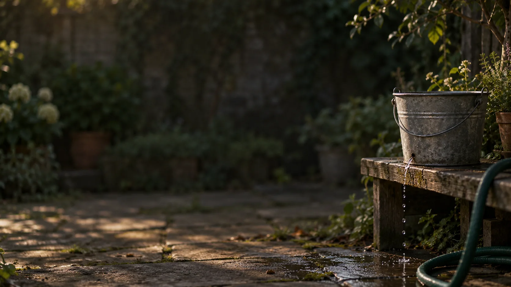 A metal bucket leaking water onto a stone garden path from the edge of a wooden bench, a hose coiled beside it.