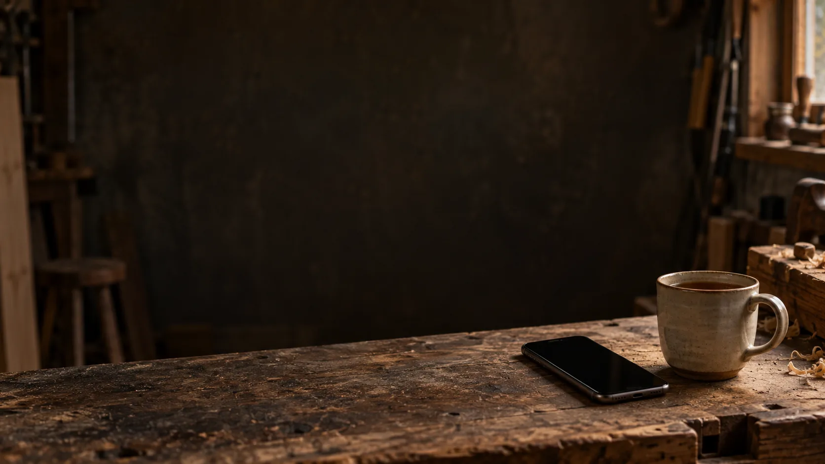 A phone lying silent on a worn workbench beside a mug of tea, a dim workshop behind.