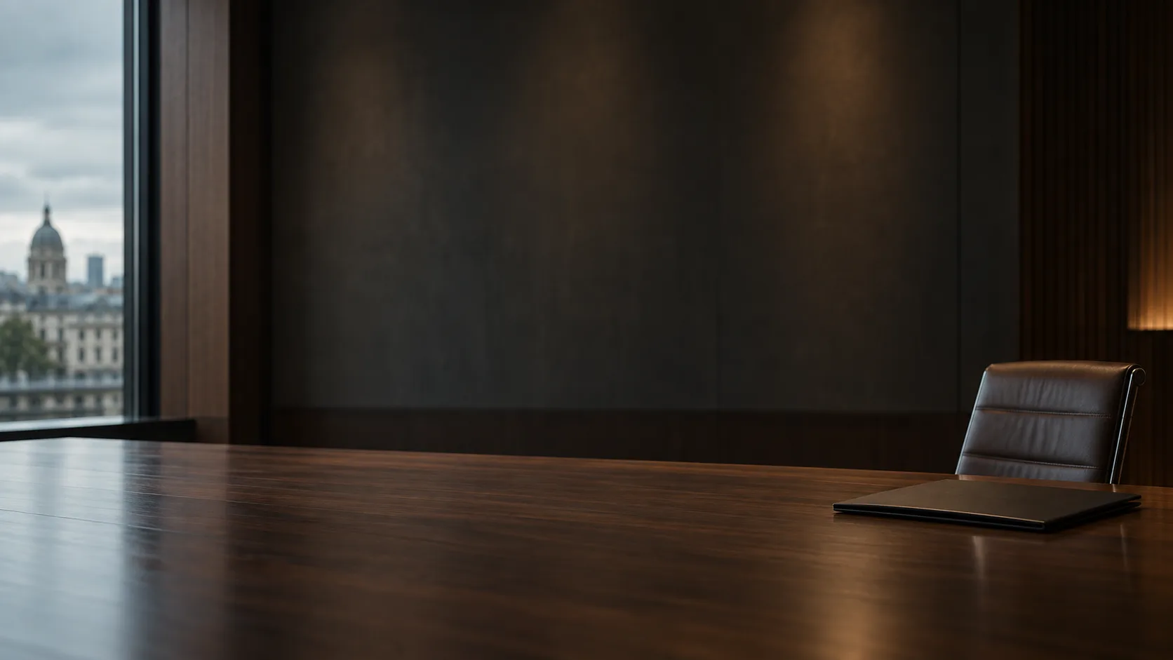 A single leather chair at the end of a long, empty boardroom table with a closed folder on it, a city view through the window.