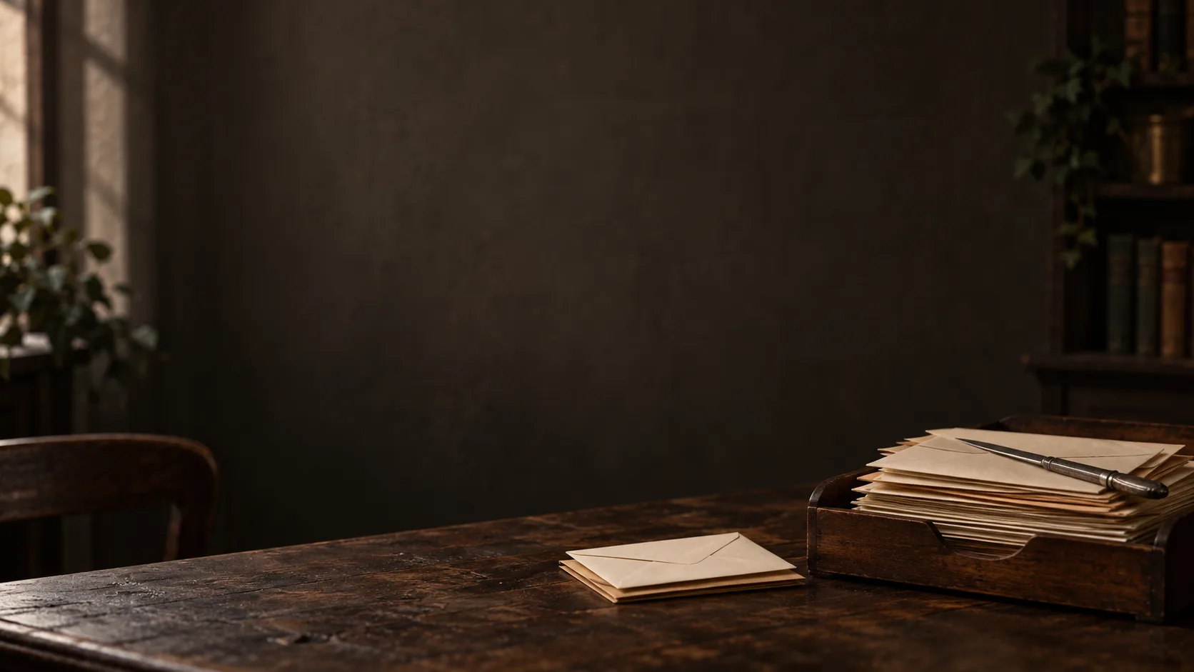 A wooden tray of envelopes on a desk, with a small stack set apart beside it, in low side light.