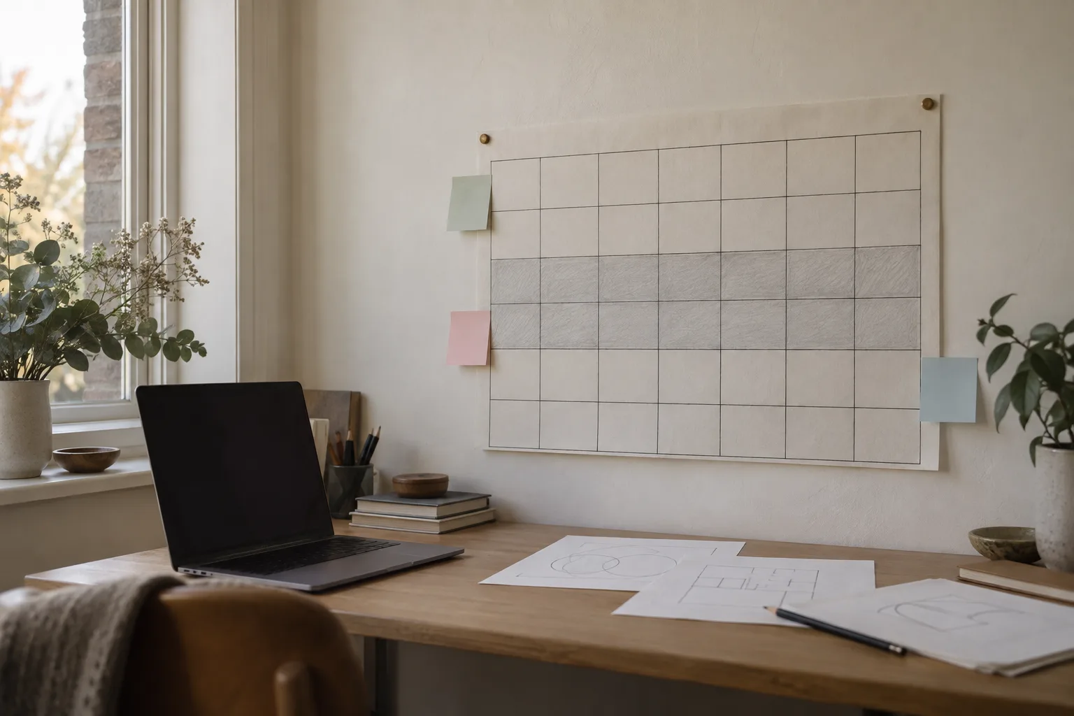 A wall calendar with a two-week block marked in pencil and sticky notes beside a desk.