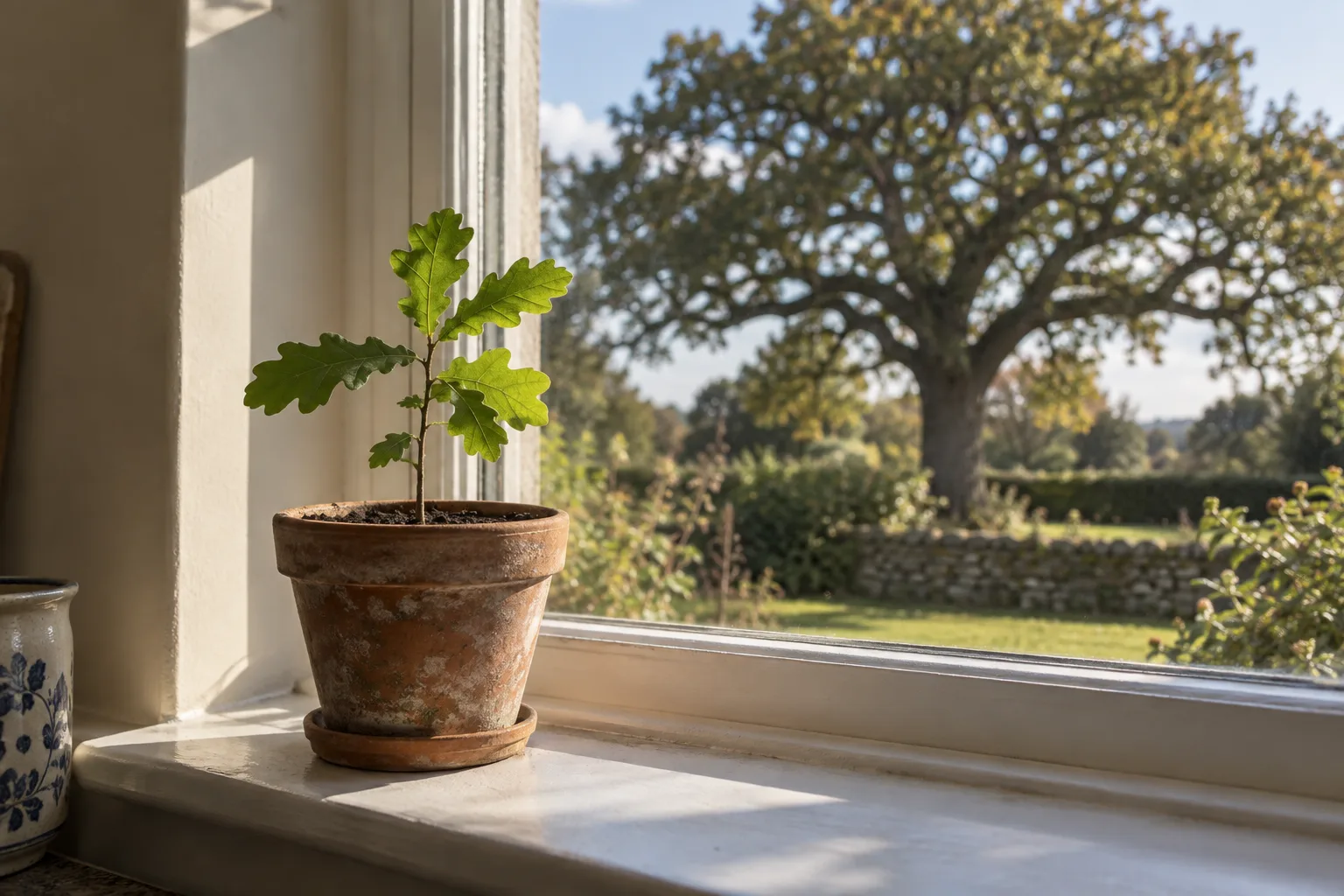 An oak sapling in a pot on a windowsill, with a mature tree visible through the window.