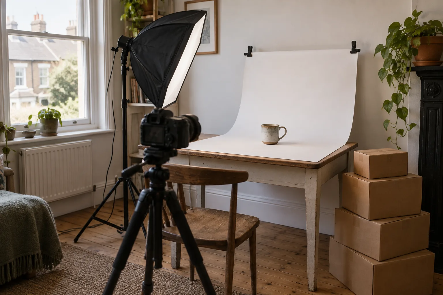 A home product photography setup with a ceramic mug on a white backdrop and shipping boxes nearby.
