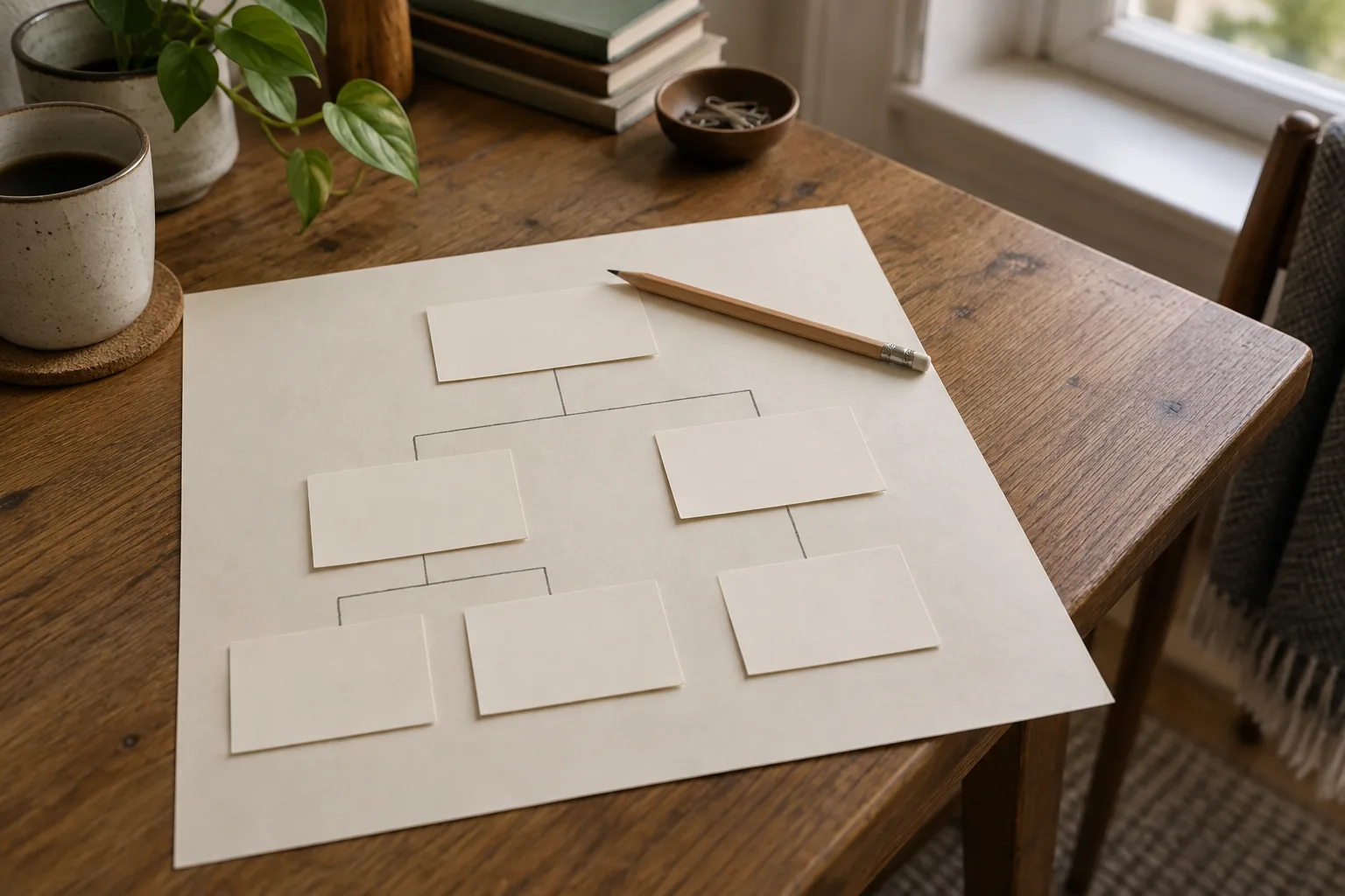Index cards laid out on a desk as a simple site map, joined by pencil lines.