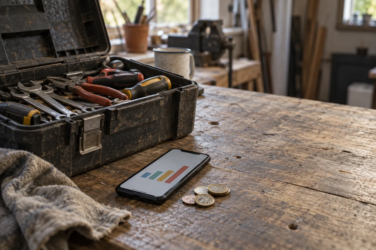 An open toolbox on a workbench beside a phone showing a chart and some pound coins.