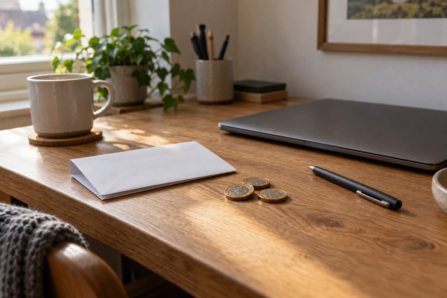 Pound coins and a folded invoice next to a closed laptop on an oak desk.