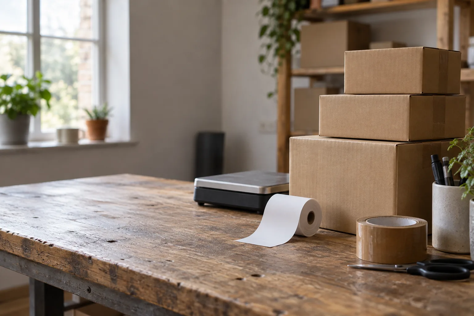 Shipping boxes, a parcel scale and a receipt roll on a small business packing bench.
