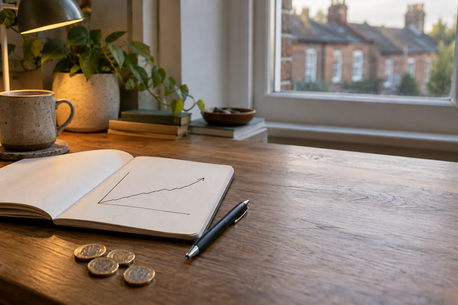 A notebook with a hand-drawn rising chart, a pen and some pound coins.