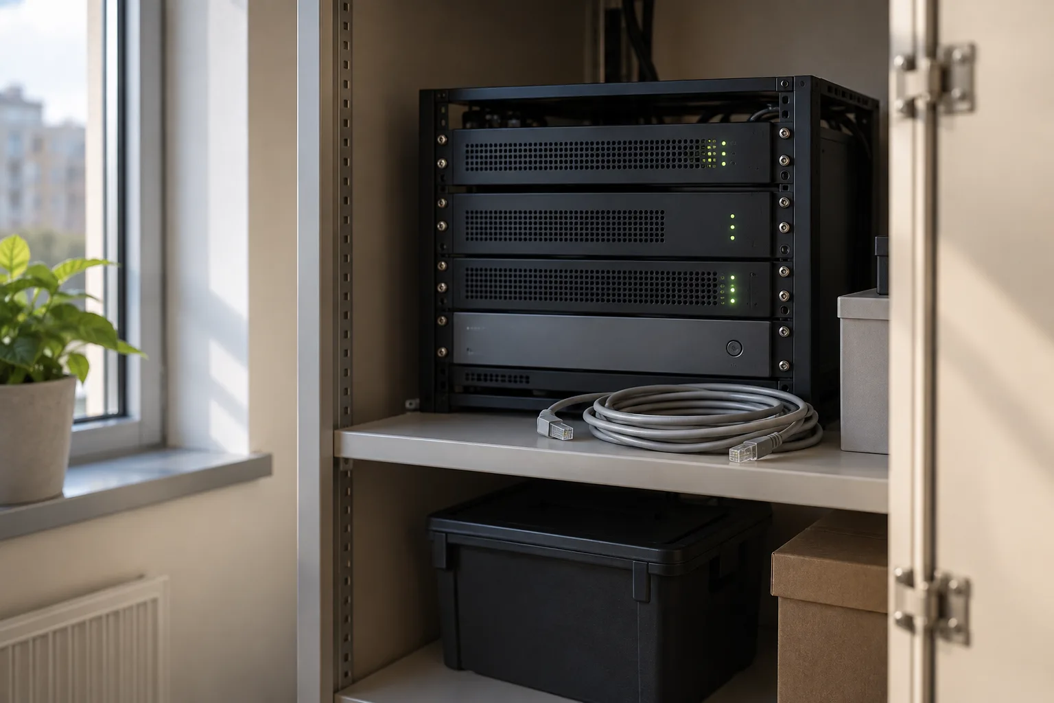 A small server rack with soft status lights in a tidy office cupboard.