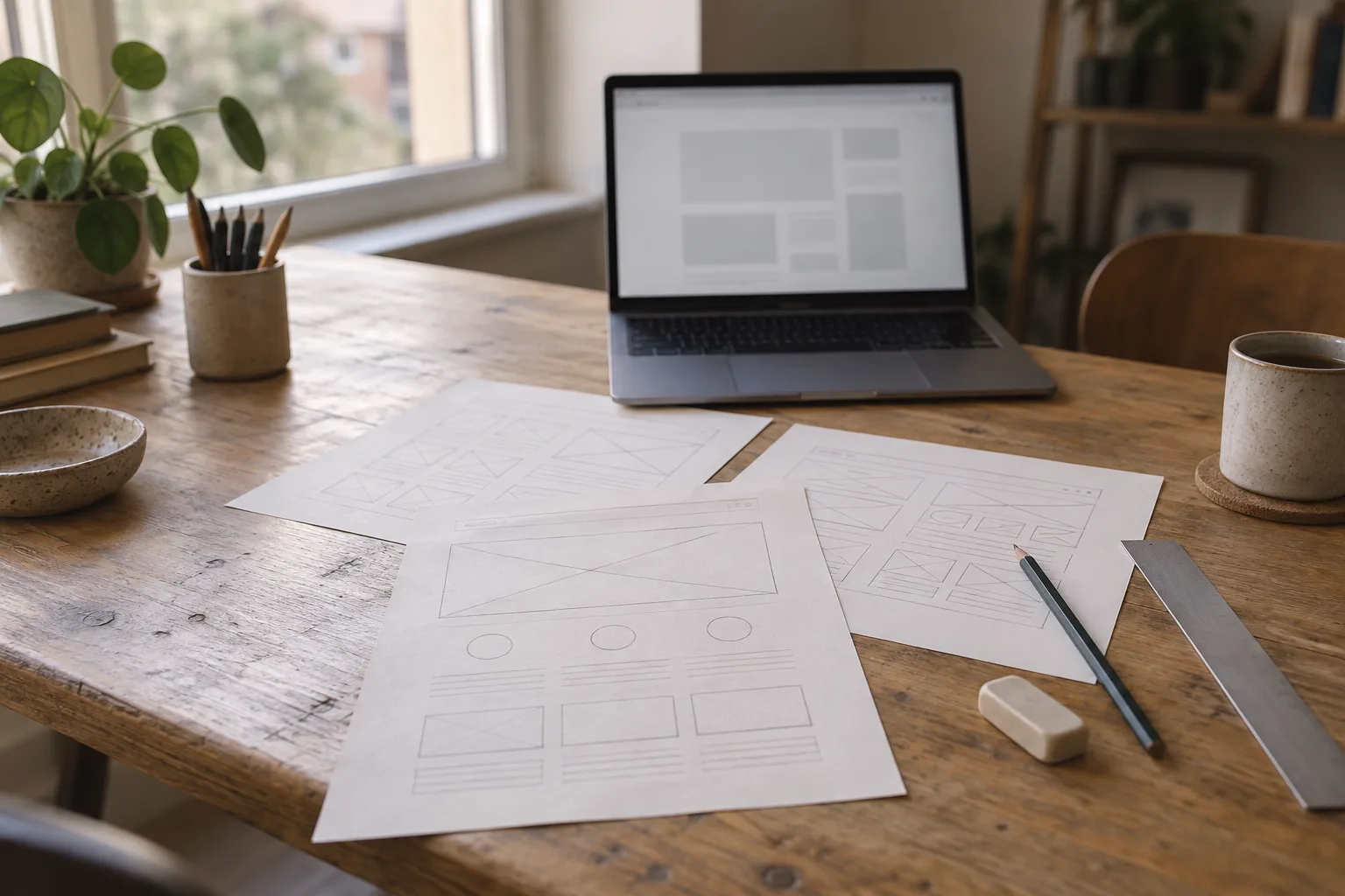 Pencil wireframe sketches of website pages spread across a desk beside a laptop.