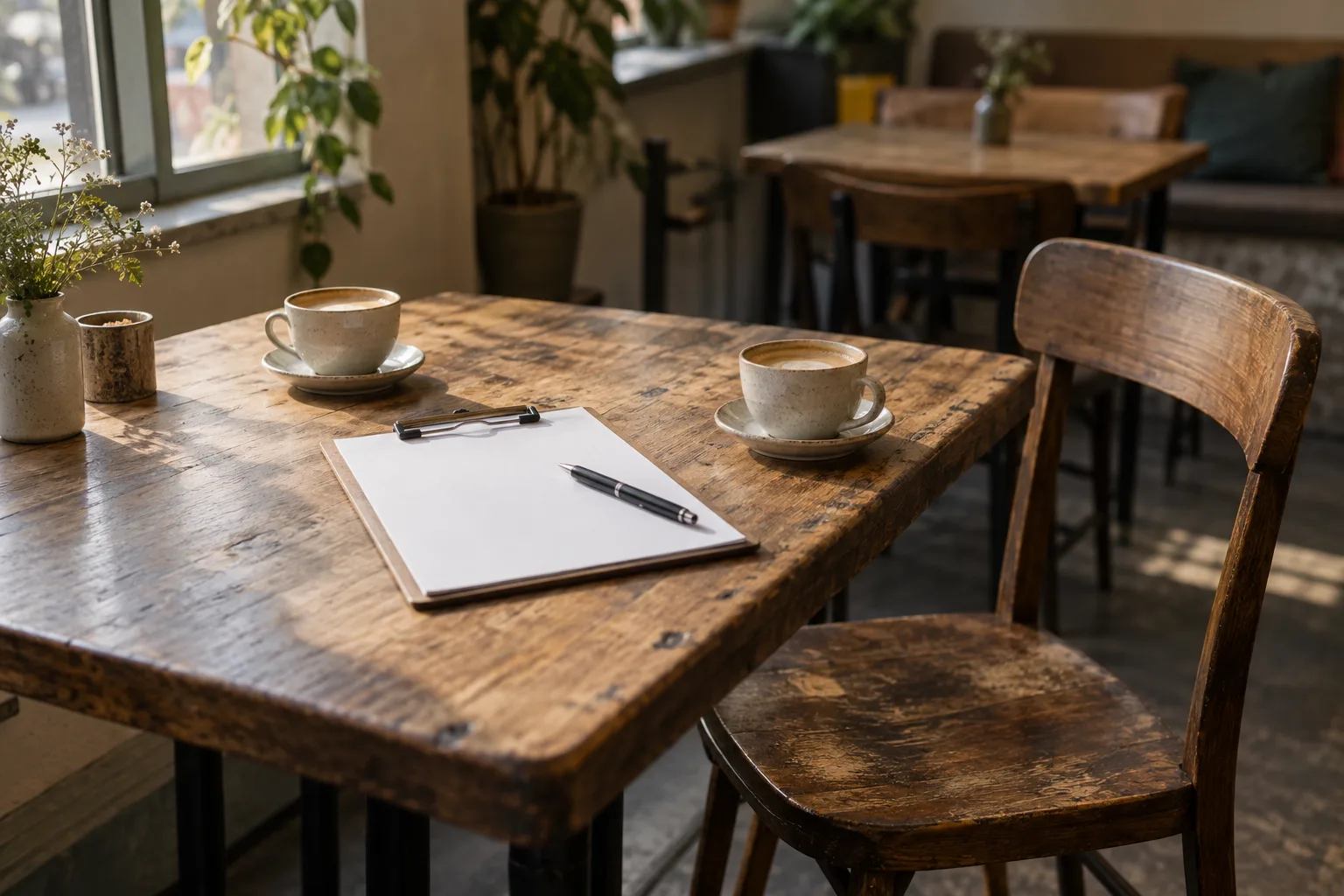 A clipboard and pen on a café table between two coffee cups.