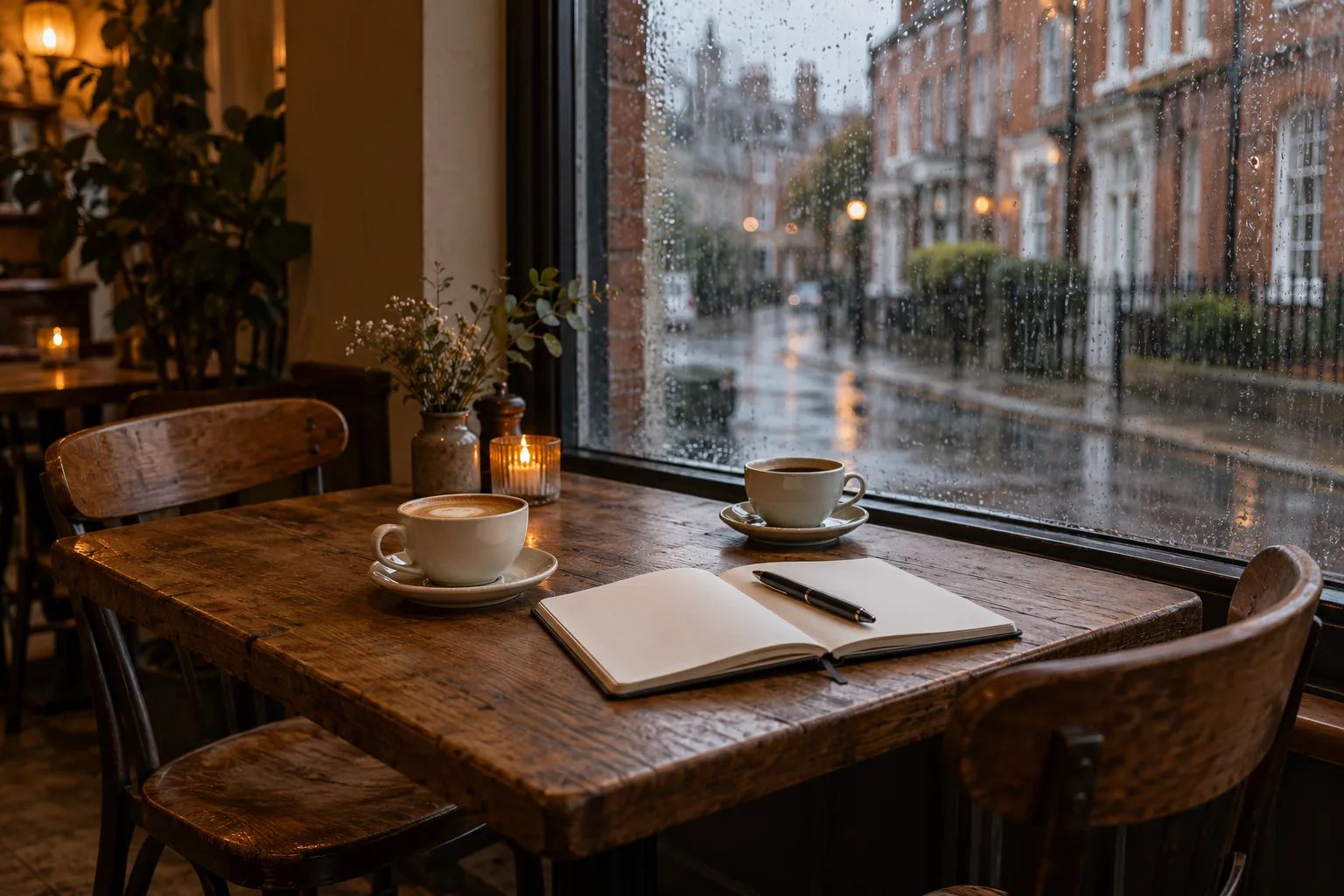 Two cups of coffee and an open notebook on a cafe table beside a rainy street window.