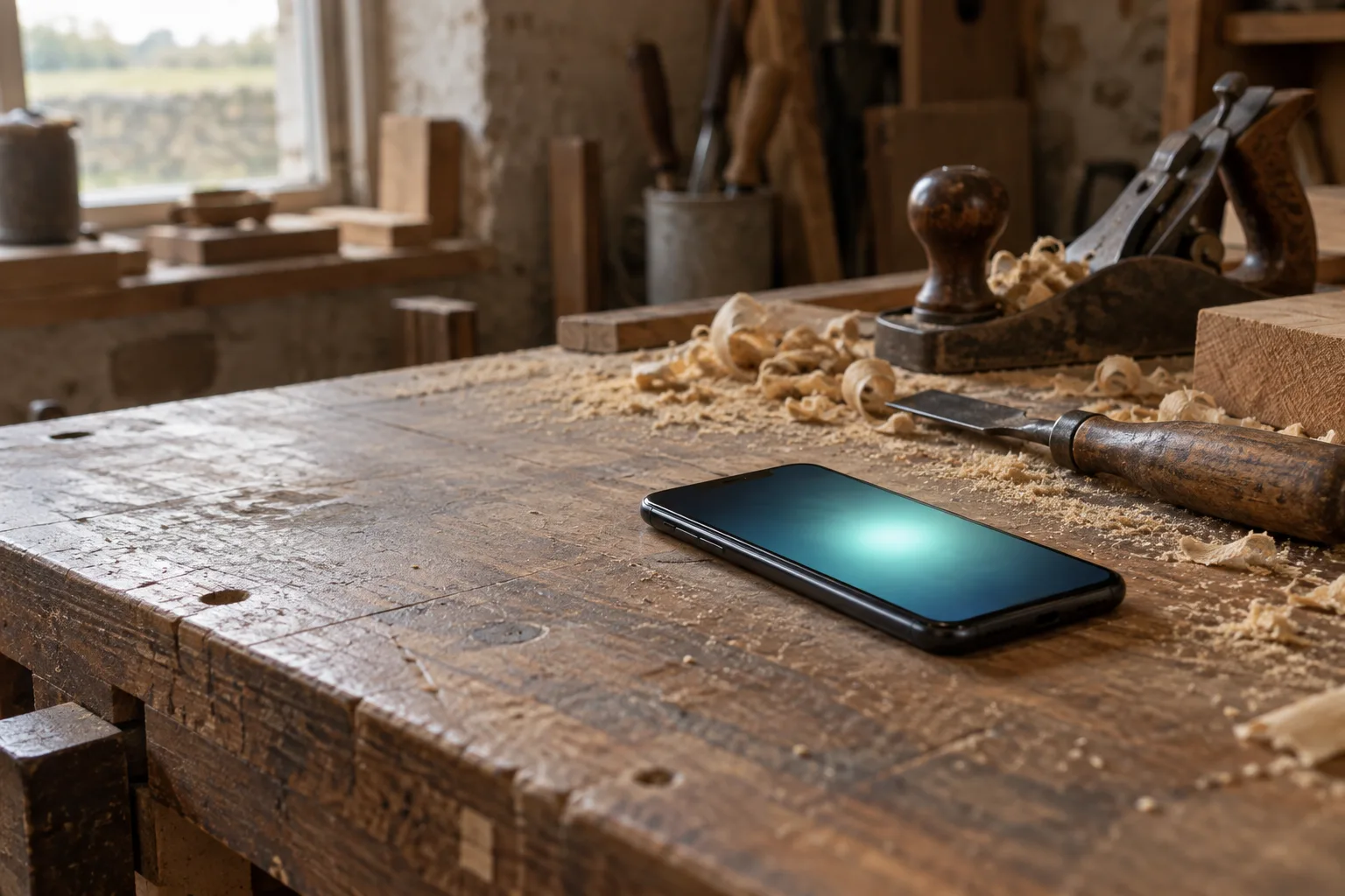 A phone lighting up with a new message on a workshop bench.