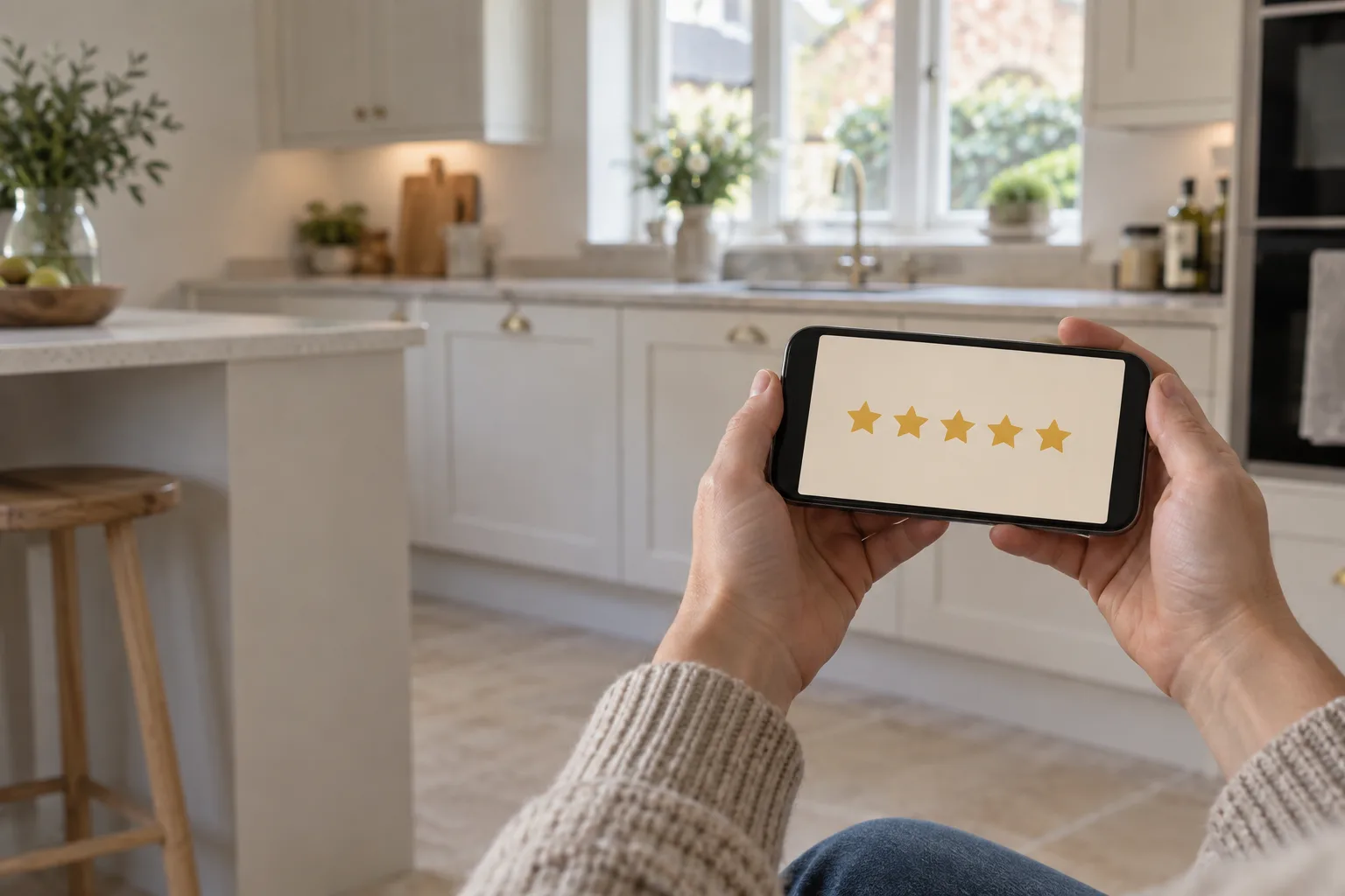 Hands holding a phone showing five stars in front of a newly fitted kitchen.