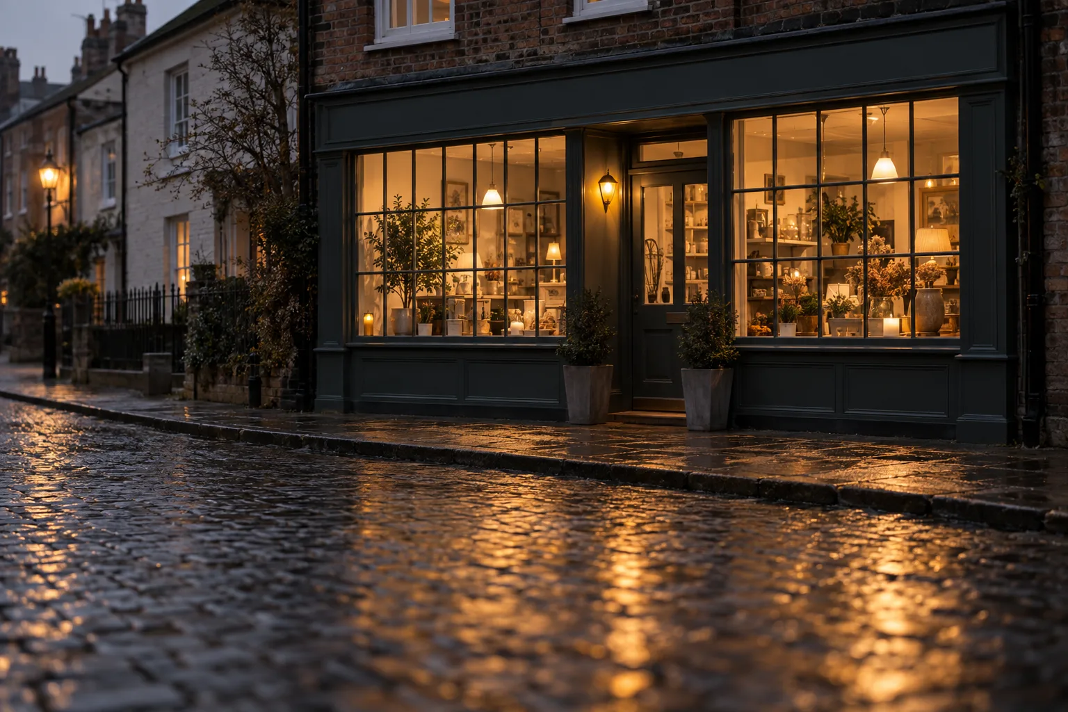 A small high street shopfront at dusk, lights on, across a wet cobbled street.