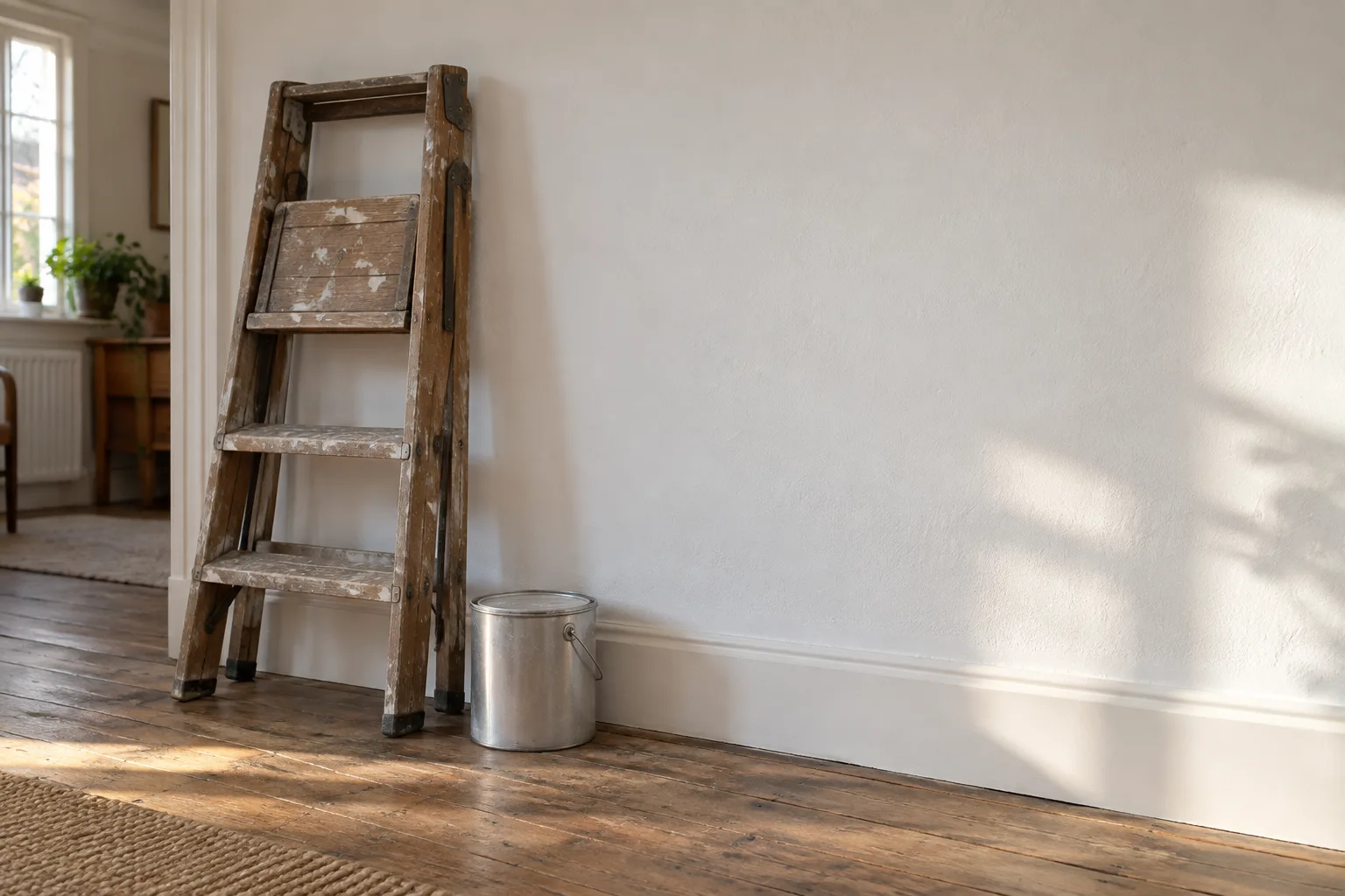 A wooden step ladder against a bright wall in a sunlit room.