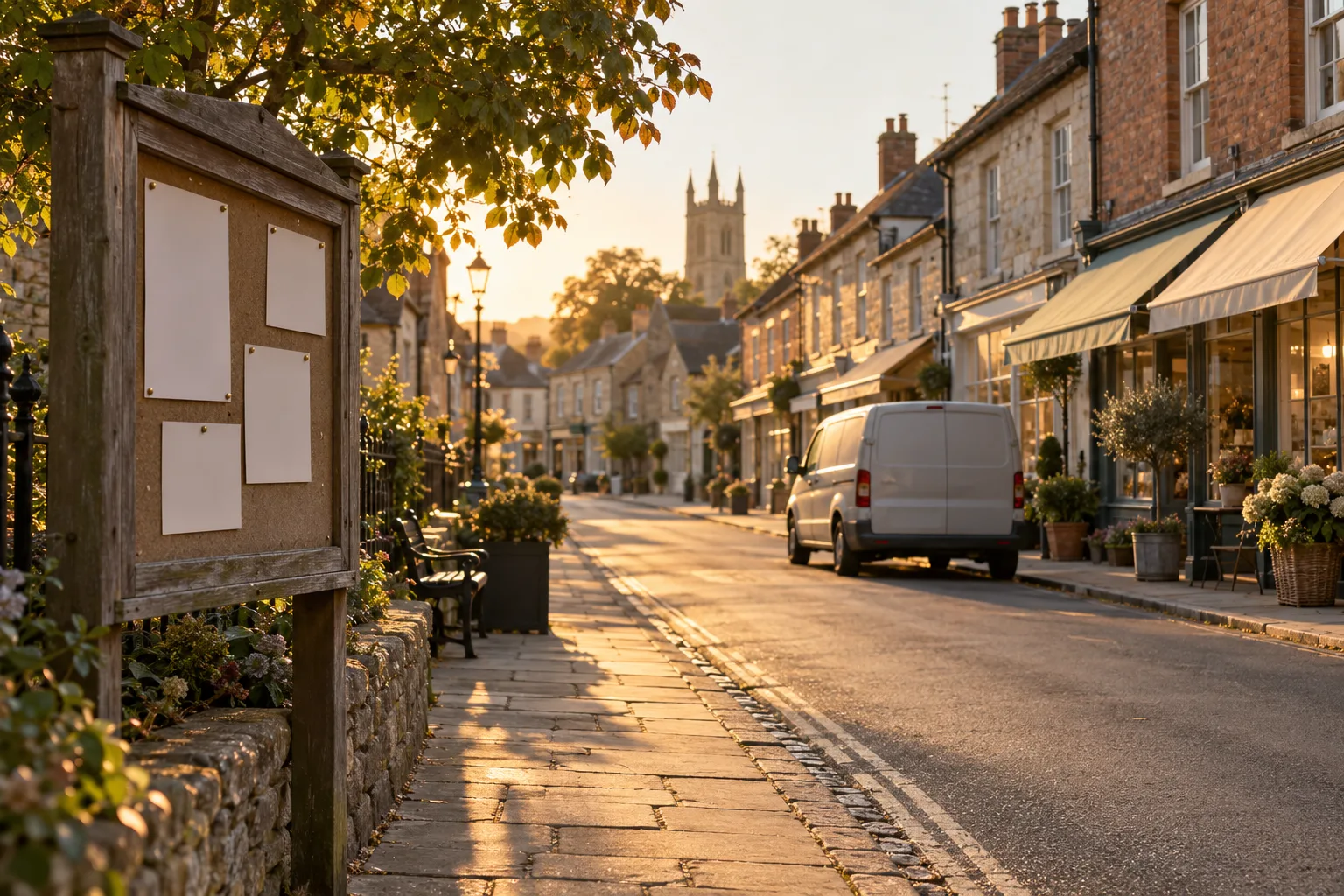 A market-town high street at golden hour, with shop awnings, a parked van and a noticeboard of blank cards.