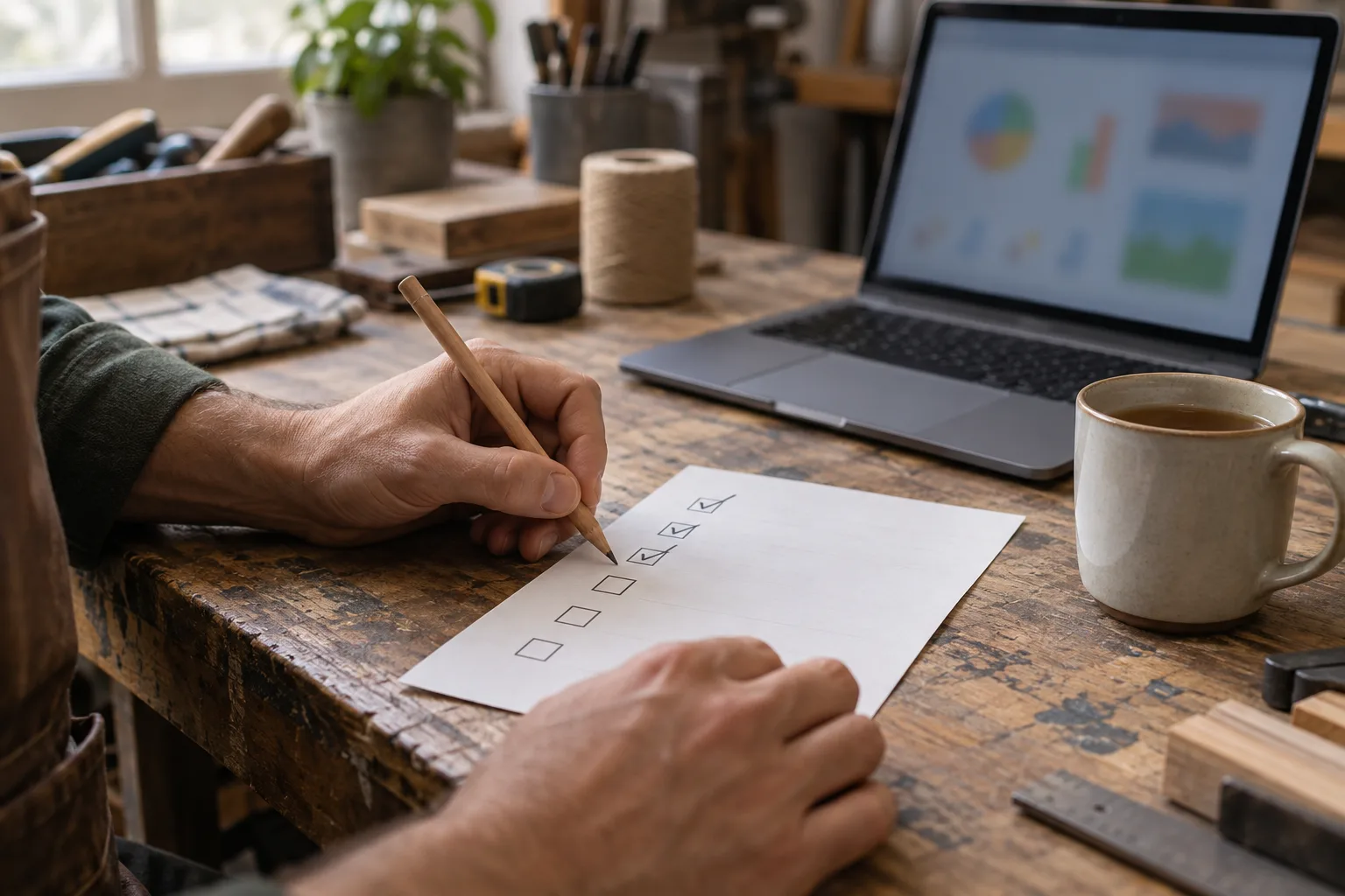 Hands ticking a printed checklist beside a laptop with a blurred dashboard on a workshop desk.