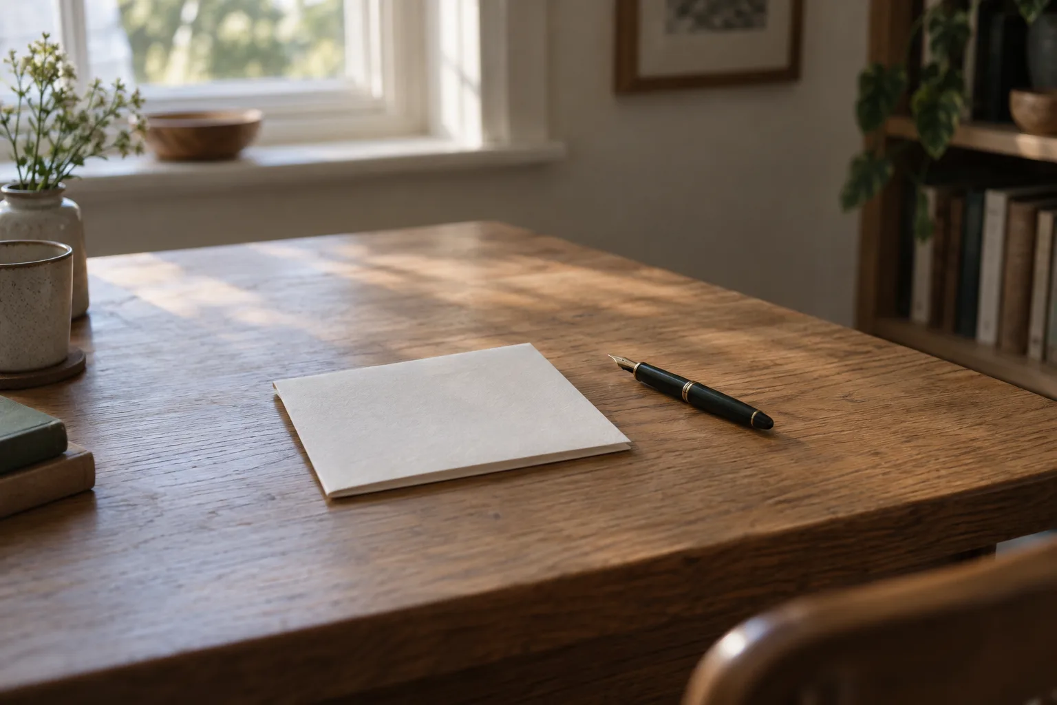 A folded sheet of paper and a fountain pen on an oak desk.