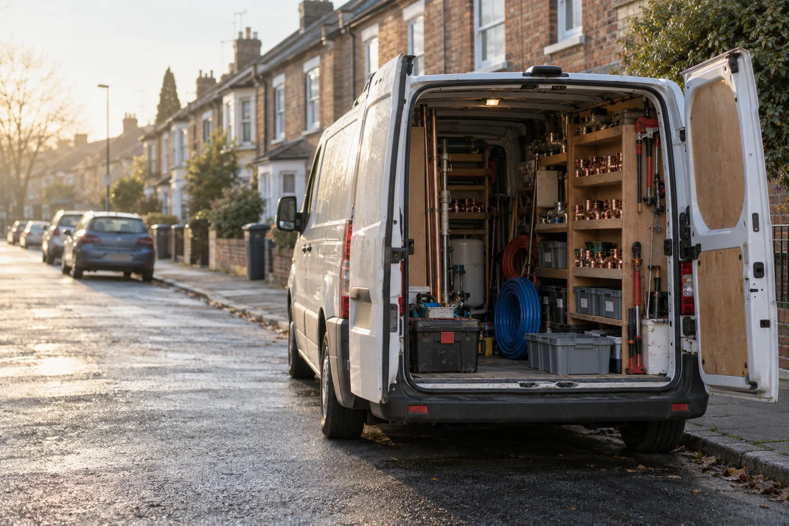 A plumber's van on a terraced street with its back doors open.