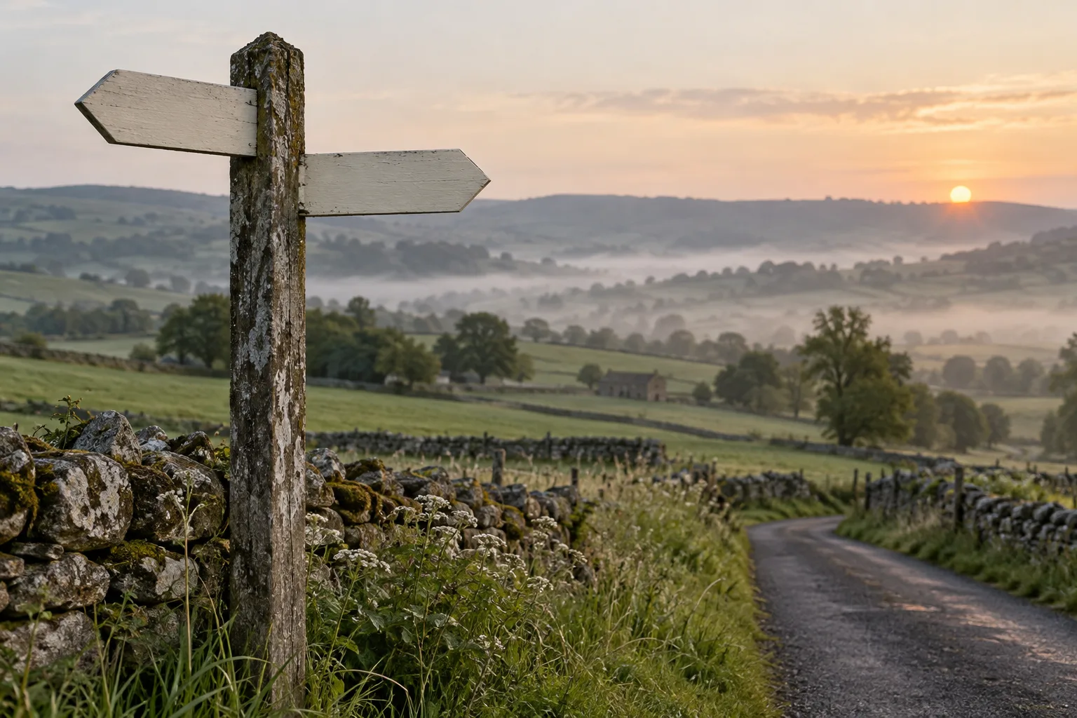 A freshly painted blank fingerpost on a Yorkshire lane at dawn, mist over the fields.