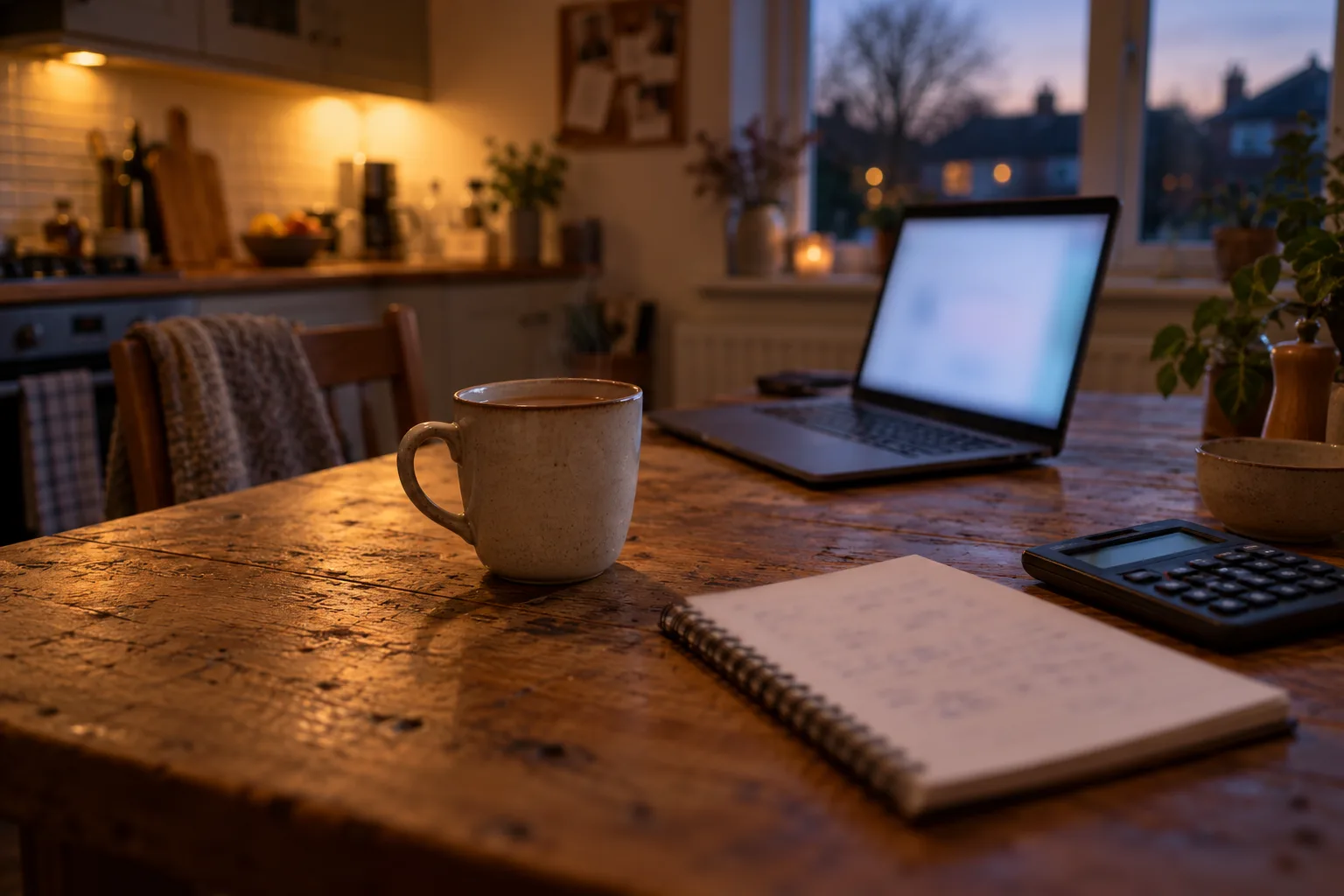 A kitchen table with a notepad, a calculator, a mug of tea and an open laptop at dusk.