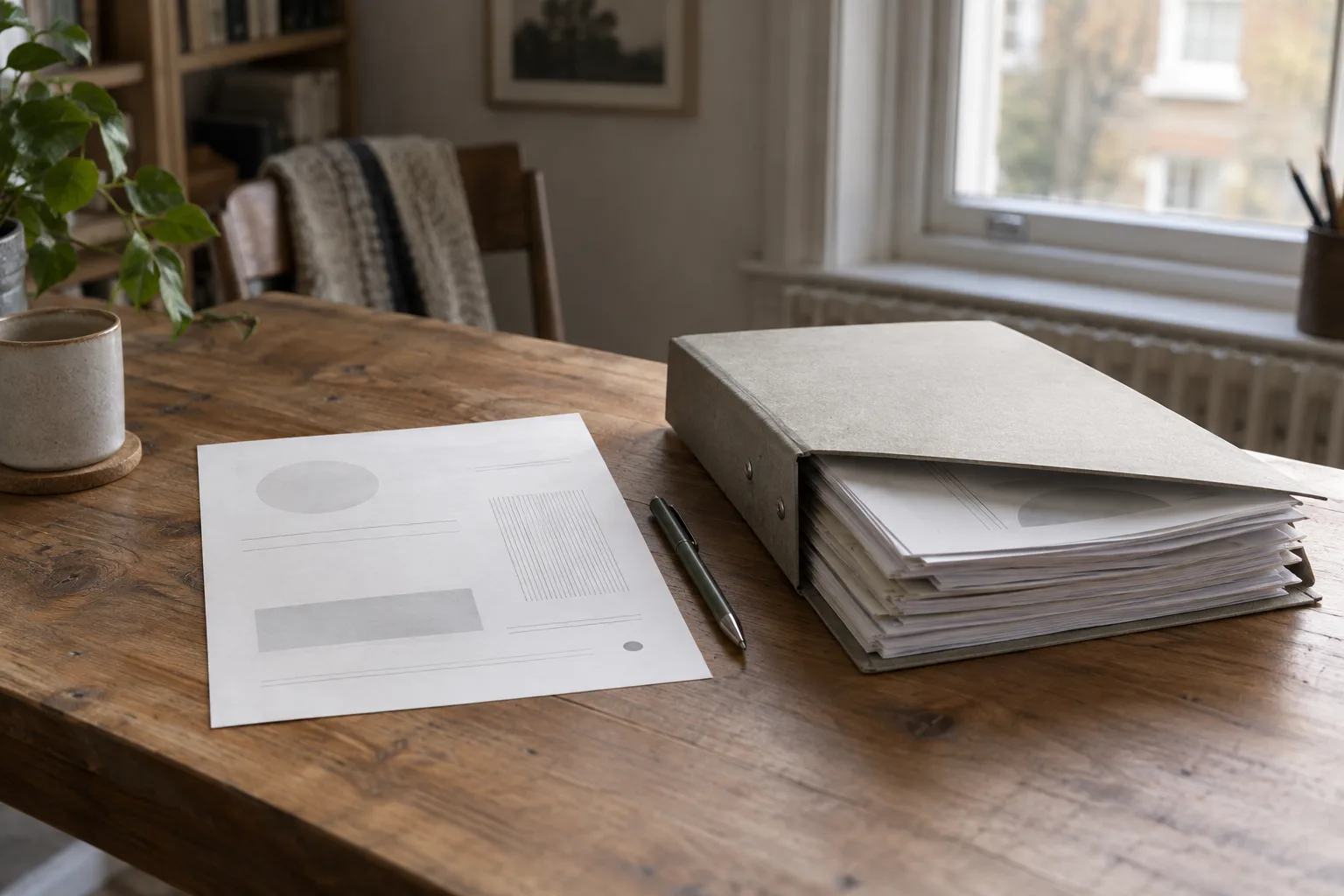 A single printed page beside a thick folder of printed pages on a desk.
