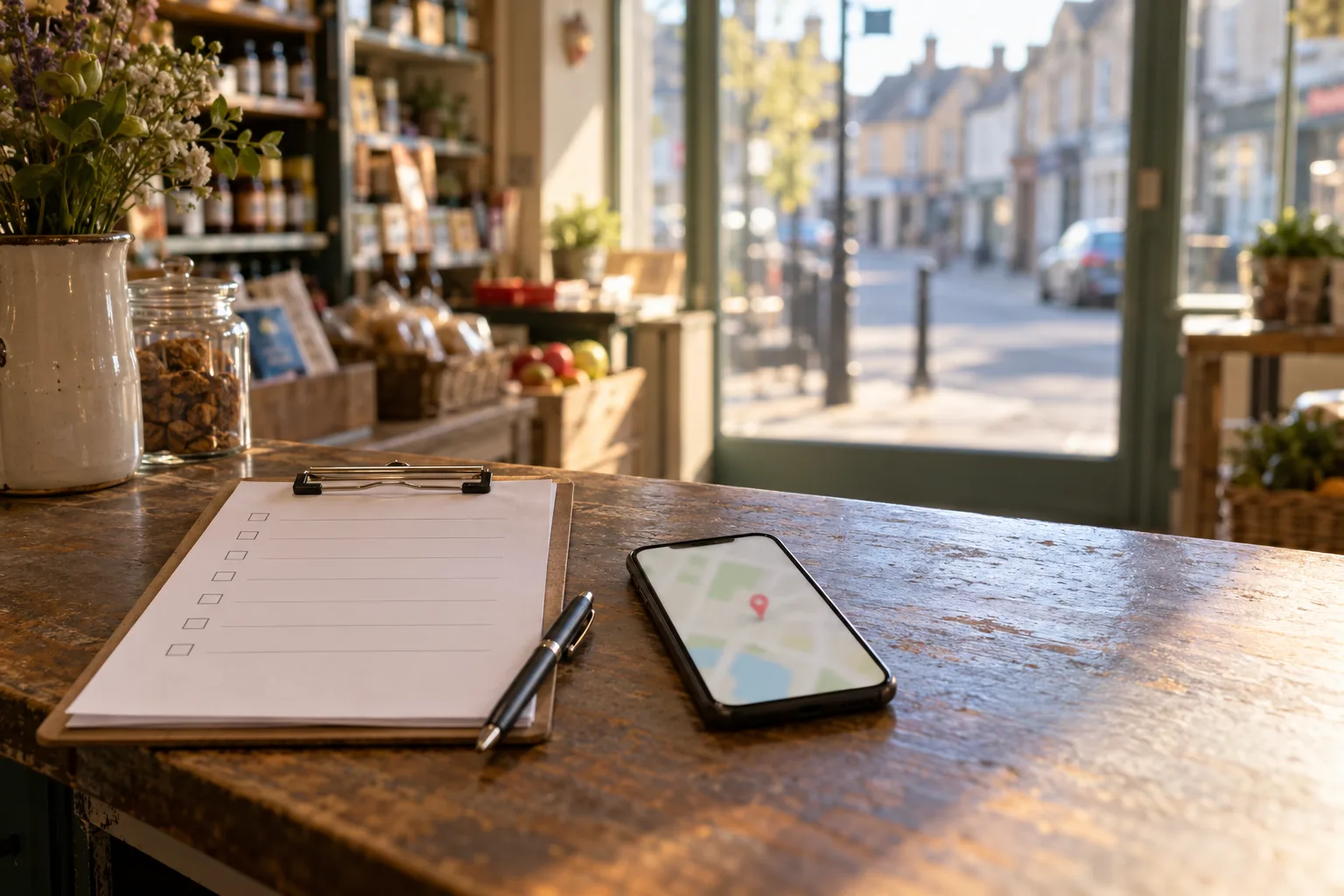 A clipboard checklist, a pen and a phone showing a map pin on a shop counter, with the high street through the window.