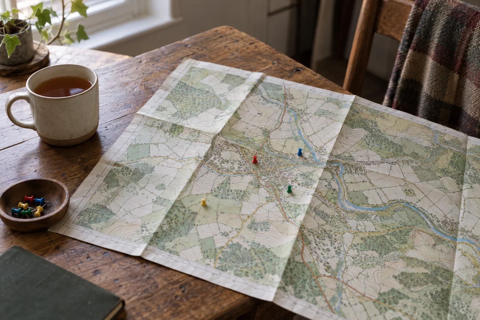 A local paper map on a table with coloured push pins around a town.