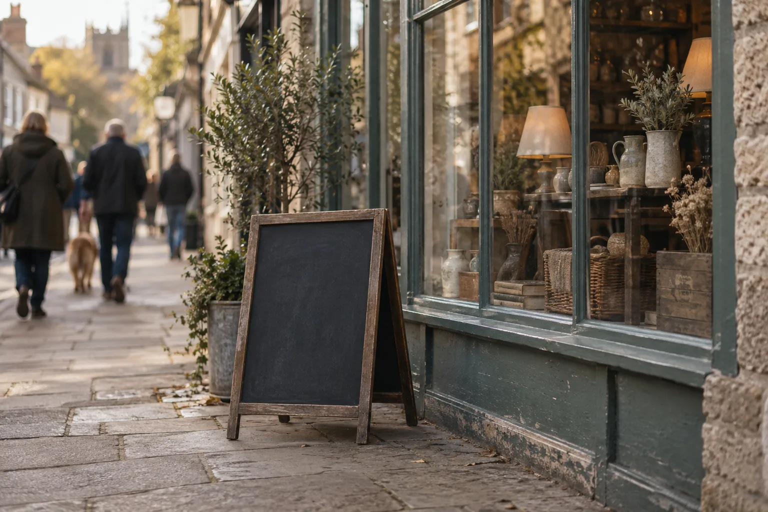 A market town shop window with a blank chalkboard outside and passers-by blurred.