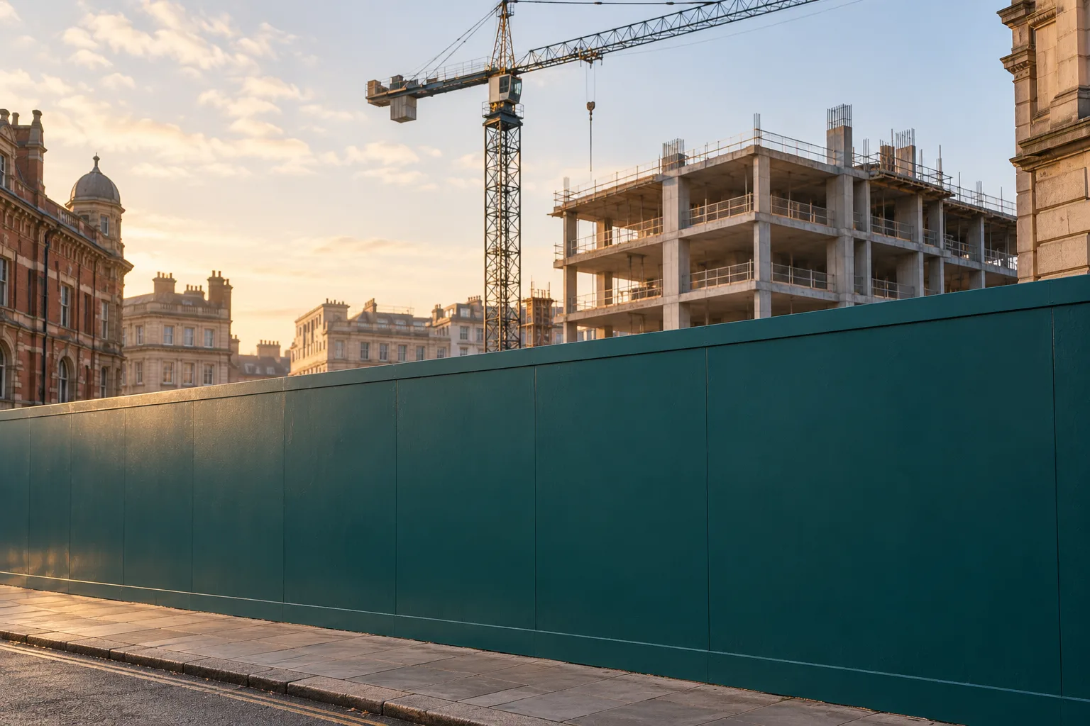A plain green hoarding around a city-centre building site, with a crane and a concrete frame rising behind it at sunrise.